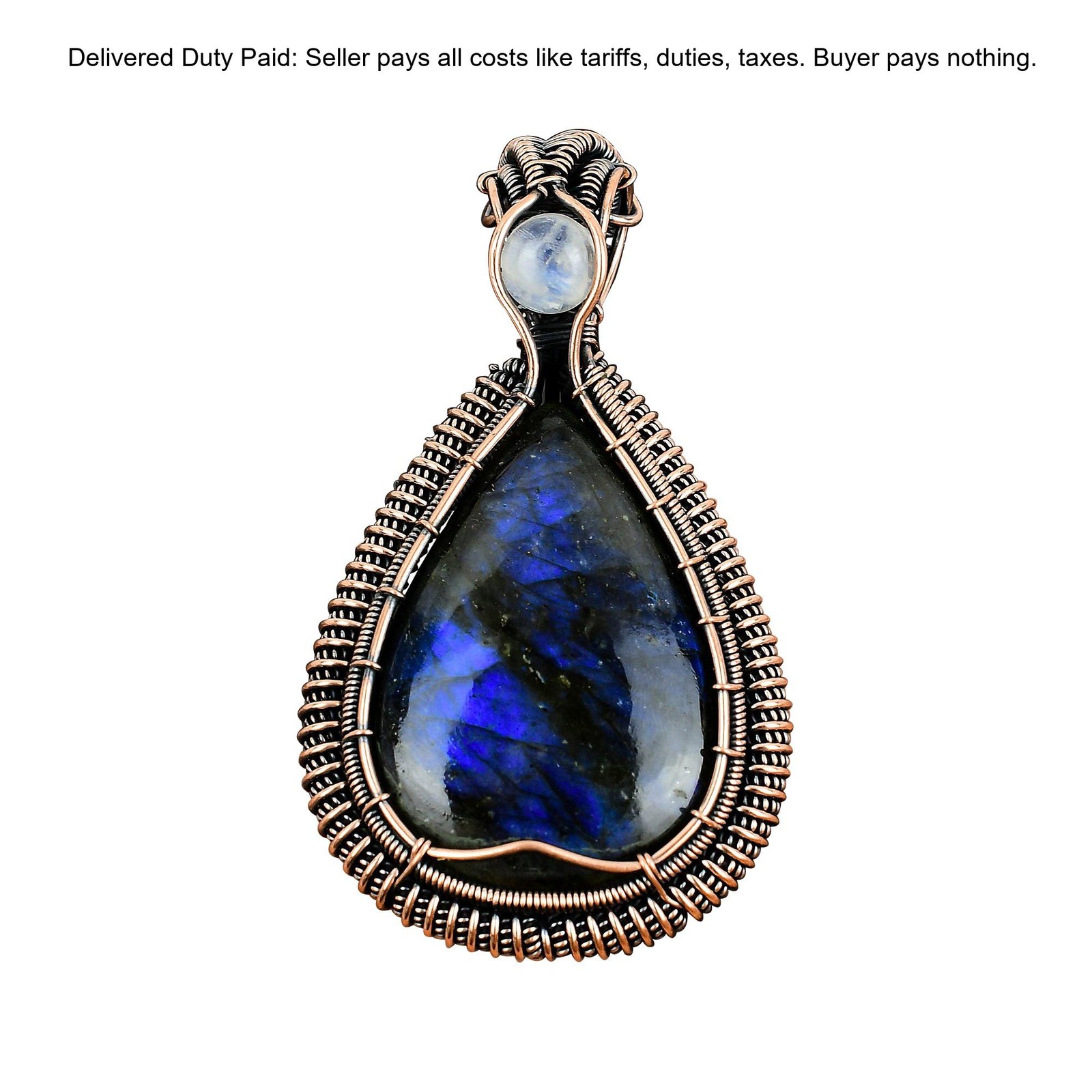 Copper Natural Labradorite Rainbow Moonstone Wire Wrapped Boho Pendant Jewelry