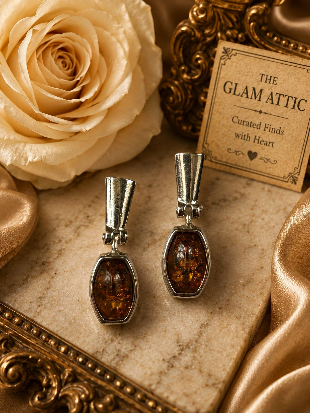 Silver Amber Oval Brown Stone Bezel Dangle Drop Earrings Pierced Back