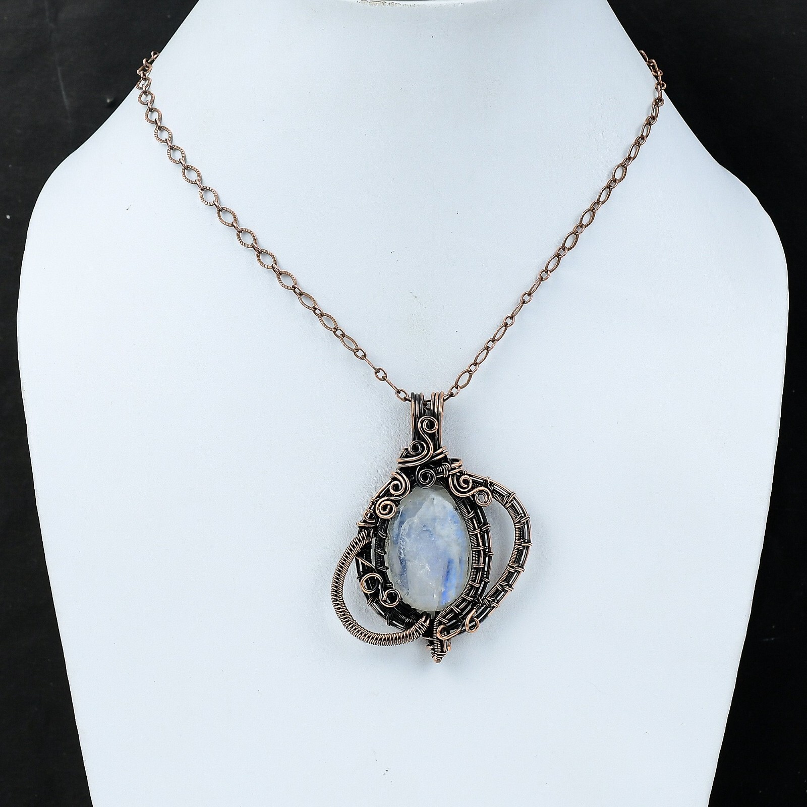 Rainbow Moonstone Wire Wrapped Pendant Handcrafted Copper Unique Gift 2.68″