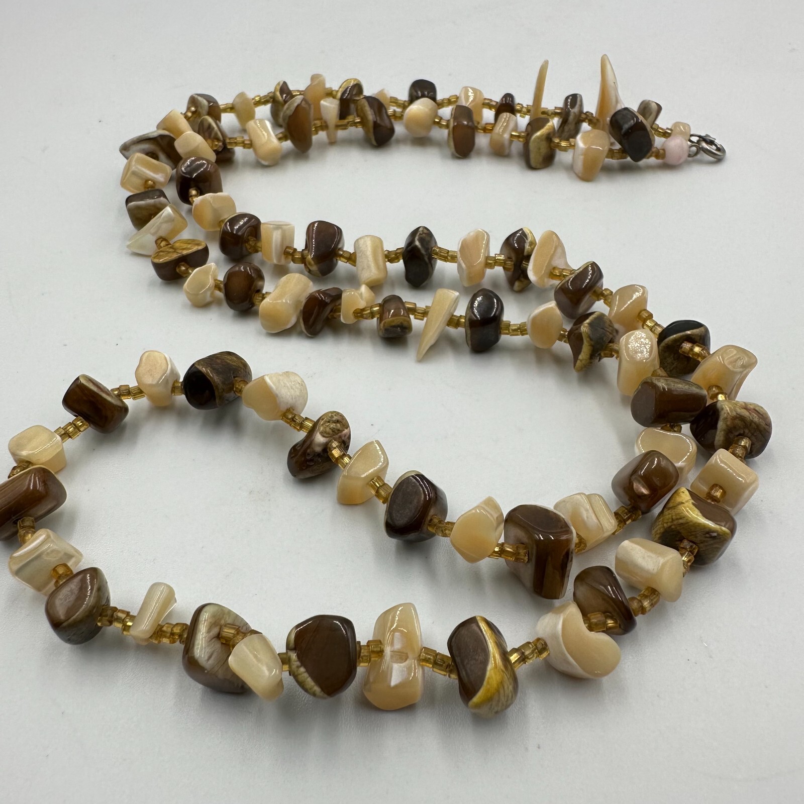 Neutral Tone Chip Bead Necklace Brown Beige Shell Look Single Strand Natural 28″