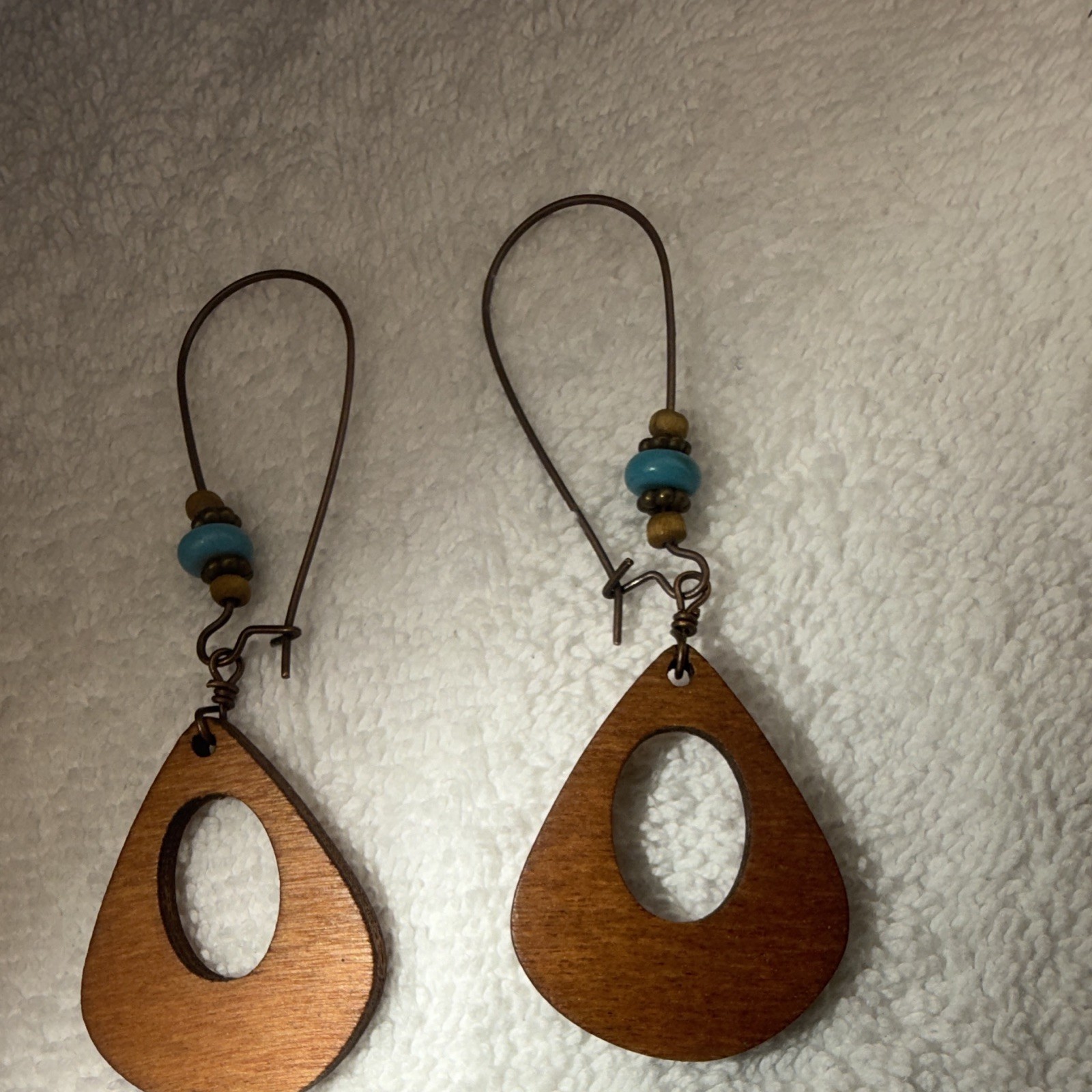 Teardrop Dangle/Drop Hook Earrings Blue Beaded Accent Brown Wood/Metal No Stone
