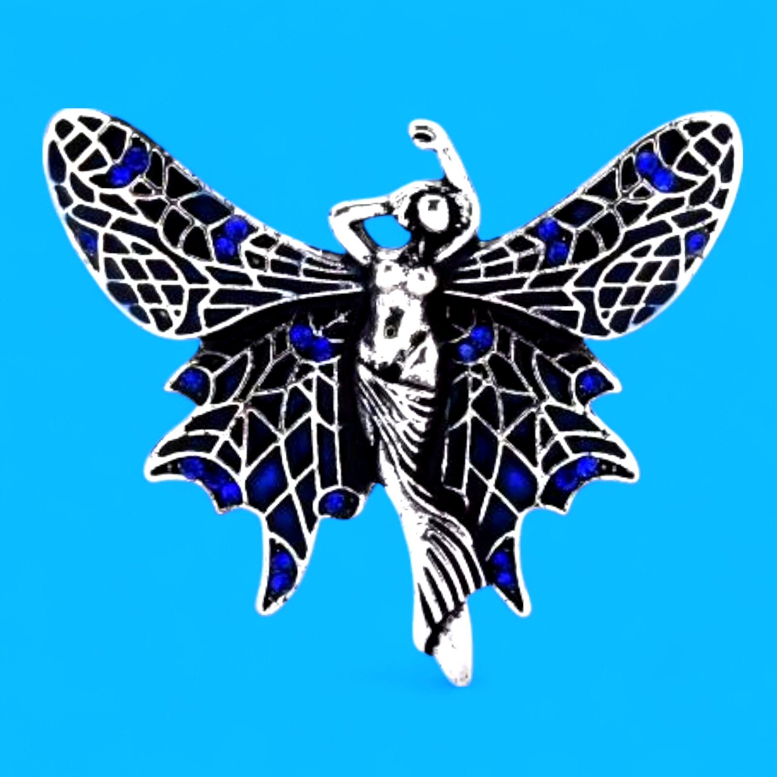 RETRO FAIRY BROOCH black silvertone blue enamel wings crystals pin/pendant K2