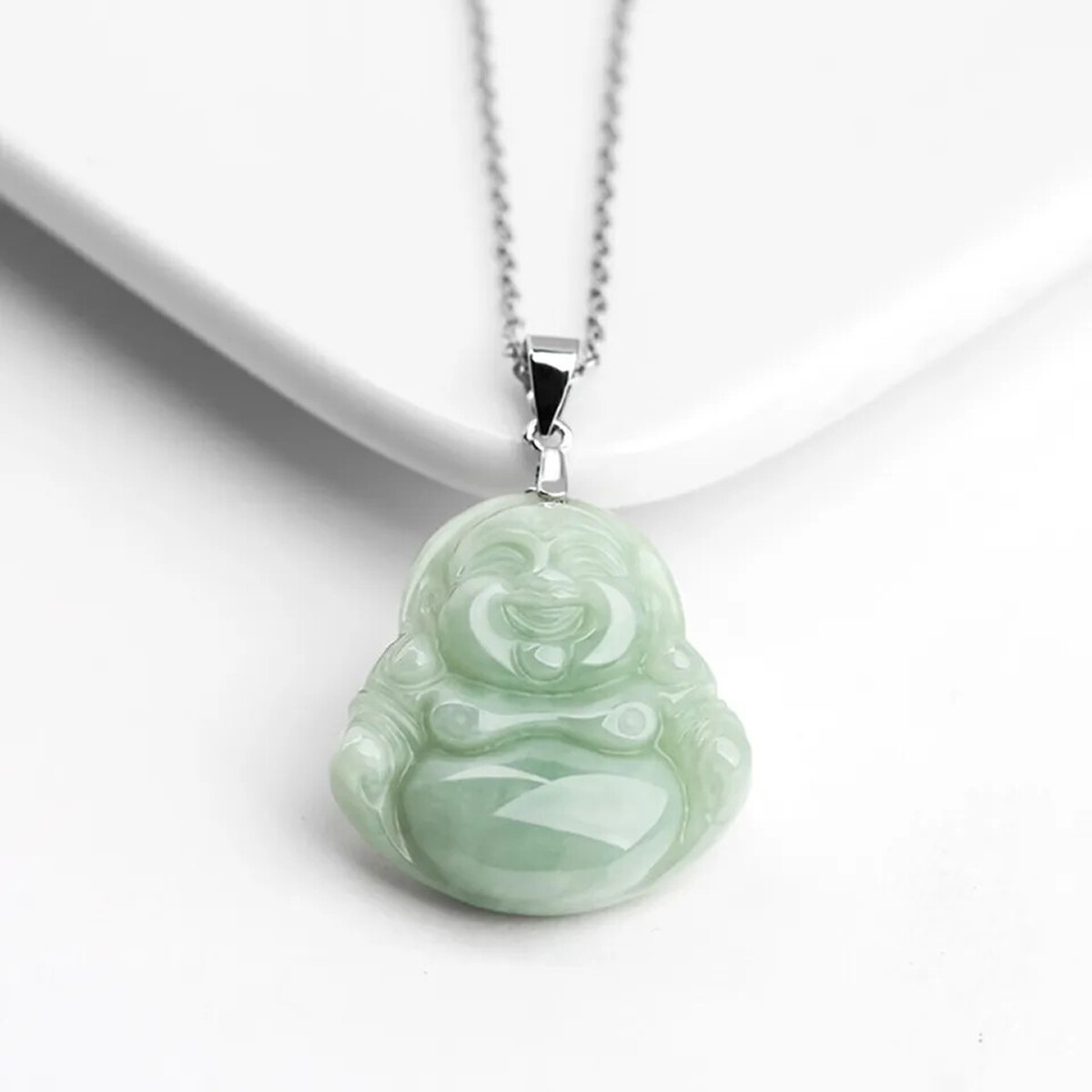 Natural Jadeite Green Jade Handcarve Maitreya Buddha Pendant Necklace Link Chain