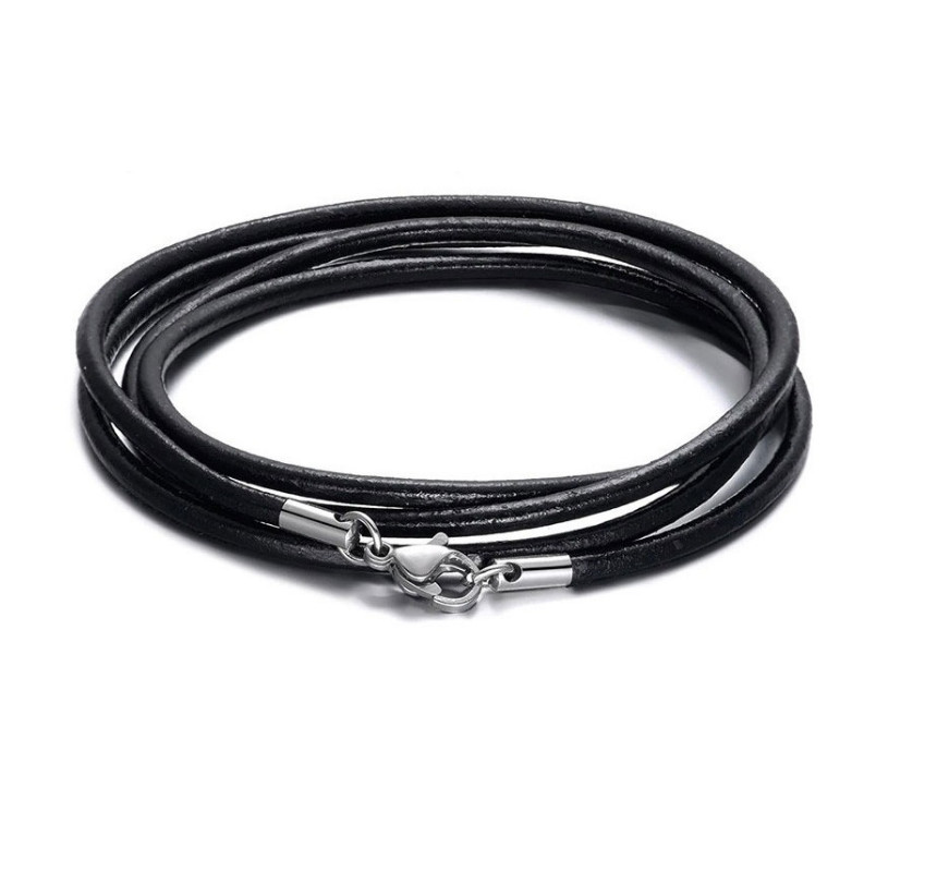 2mm Black Leather Cord Chain Necklace Stainless Steel Lobster Clasp 16-35″