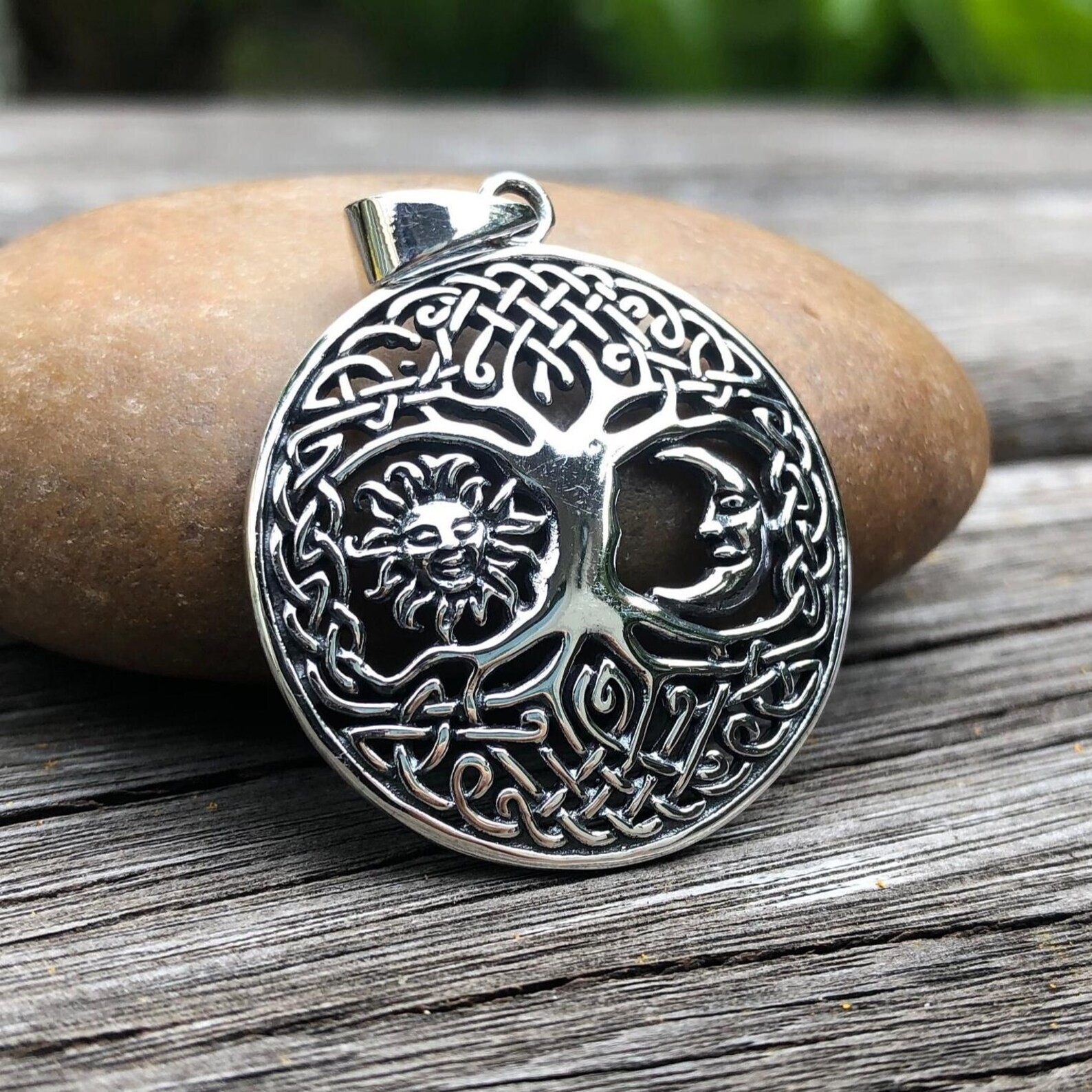Handcrafted 925 Sterling Silver Tree of Life Sun & Moon Viking Yggdrasil Pendant