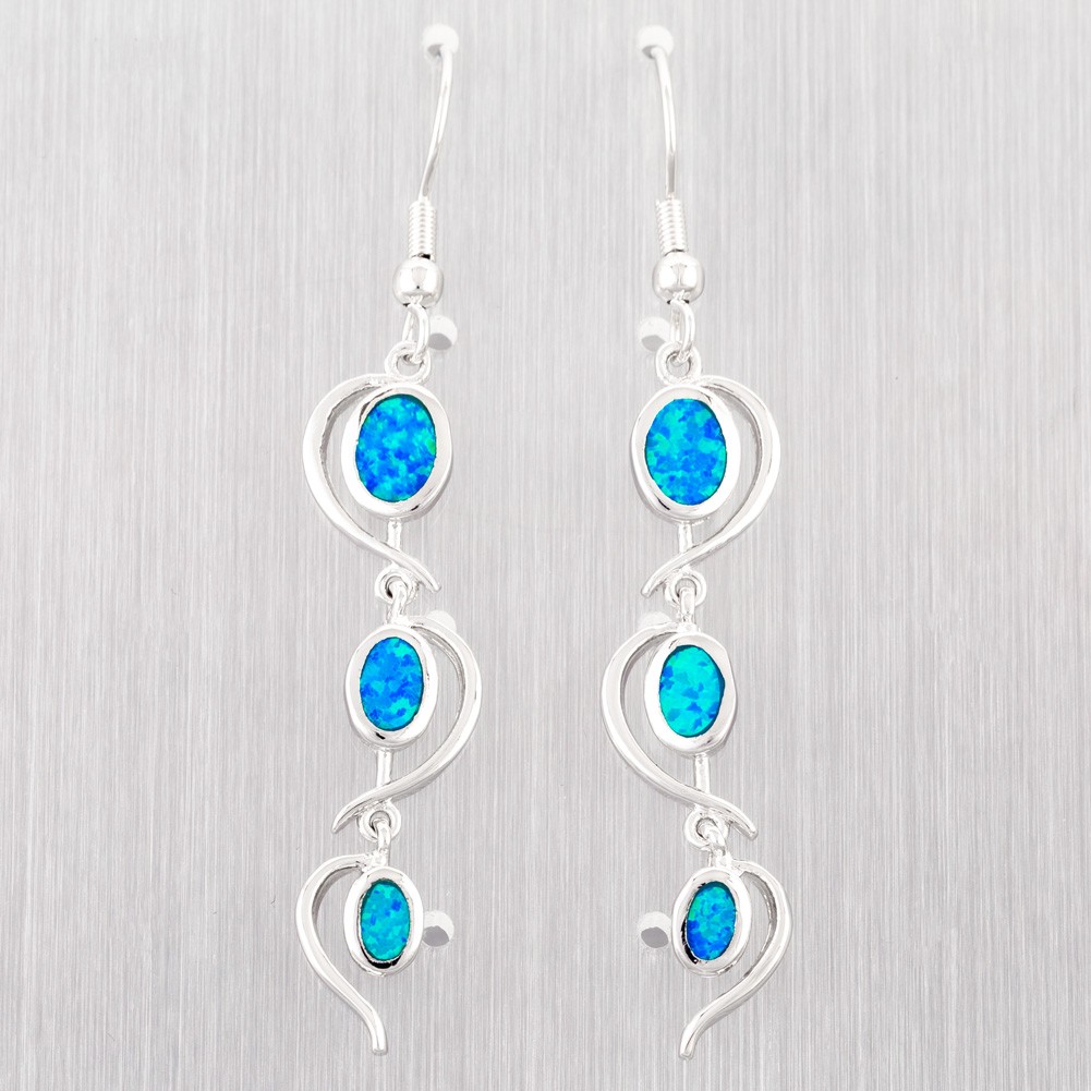 Heart Ocean Blue Fire Opal Oval Silver Jewelry Dangle Drop Earrings
