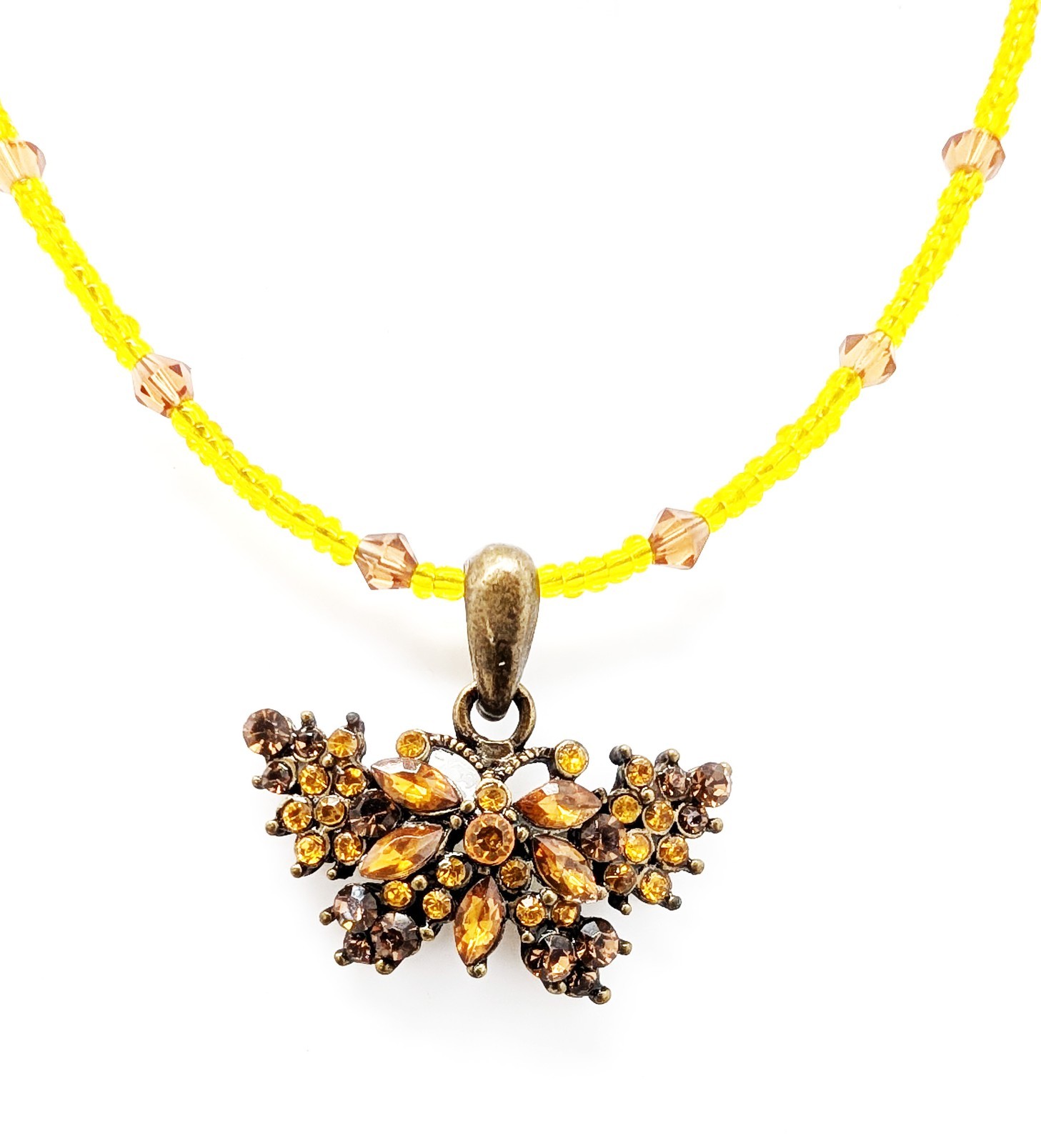 DESIGNER INSPIRED 19 in YELLOW BROWN CRYSTAL GOLD BRONZE BUTTERFLY JEWELRY SET