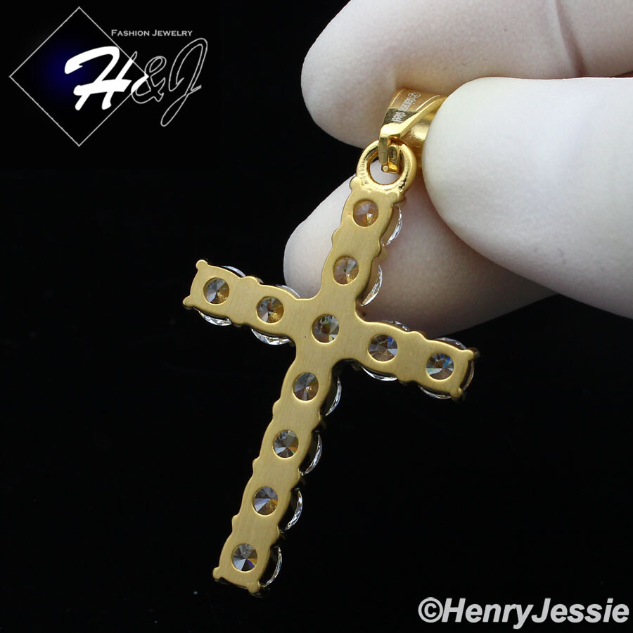 18″-36″MEN Stainless Steel 3mm Gold Plated Box Link Chain CZ Cross Pendant*127
