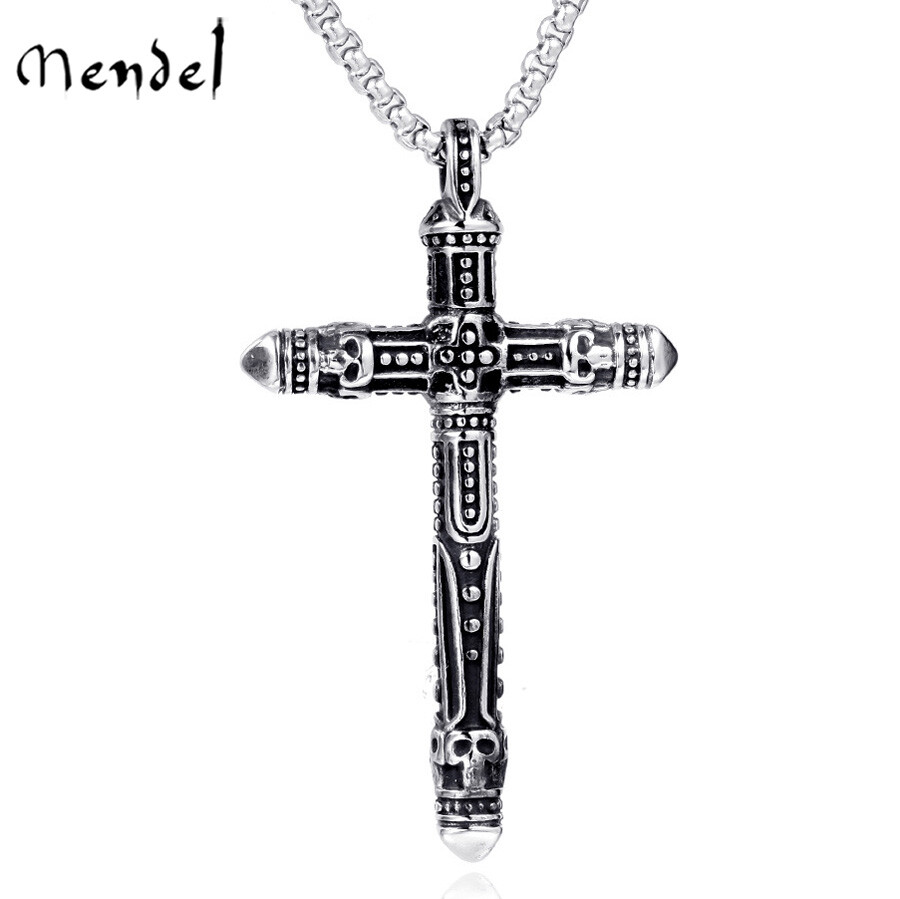 MENDEL Mens Stainless Steel Gothic Biker Skull Cross Pendant Necklace For Men