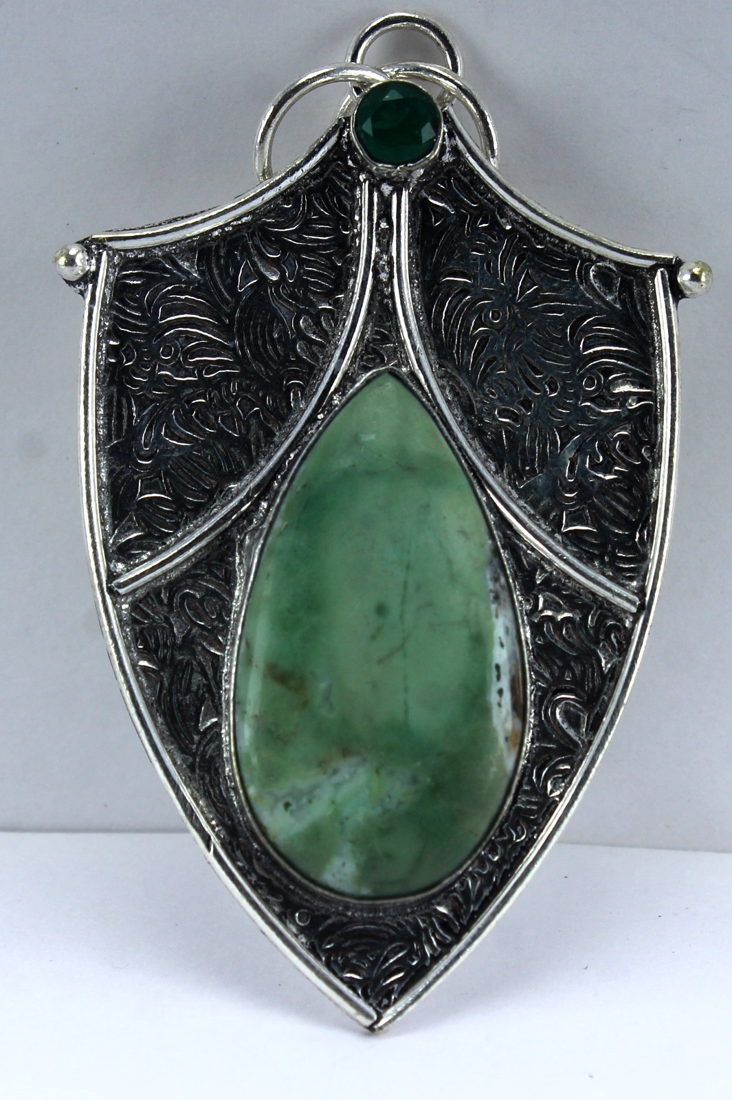 Green Jade Style Gemstone Pendant Ornate Silver Tone Shield Boho Tribal Artisan
