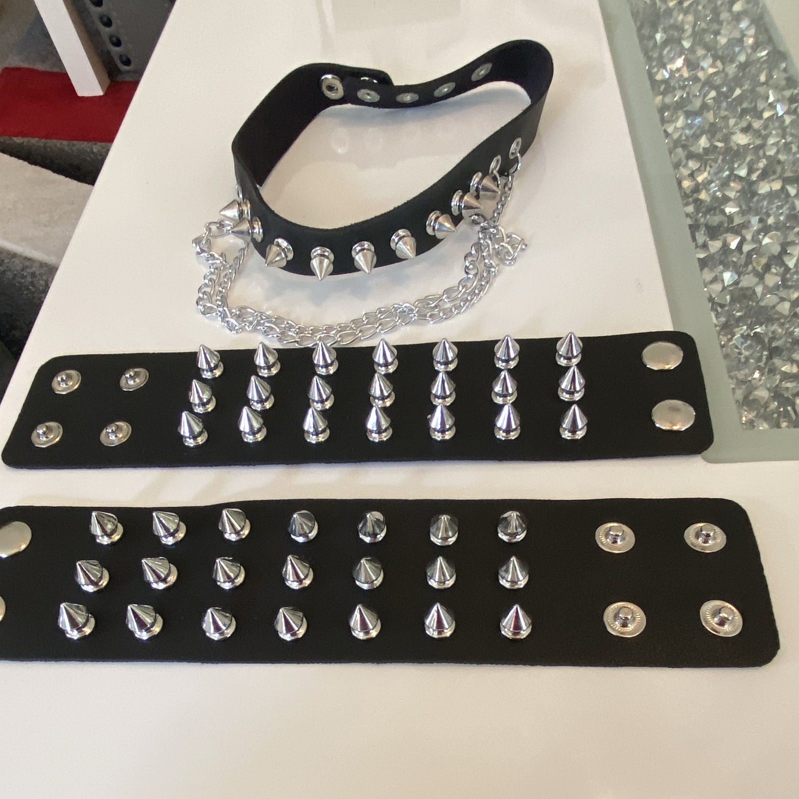 Black/Silver Leather Spiked Choker Necklace Chain Adjustable Snap Punk Gothic