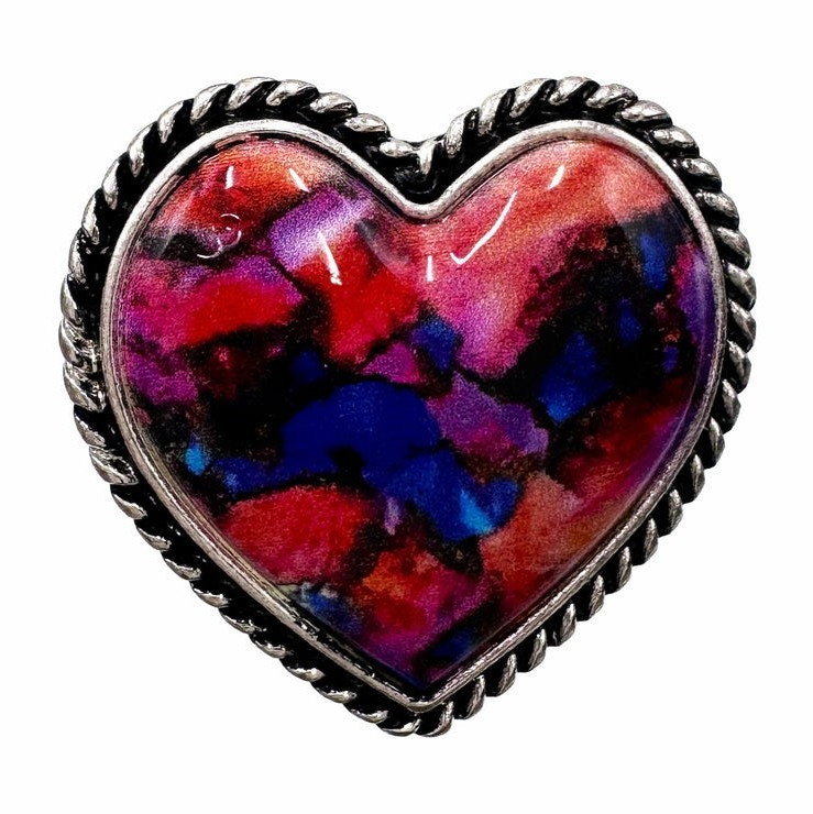 Adjustable Heart Multicolor Bezel Band Cocktail Ring Silver Tone Love Theme