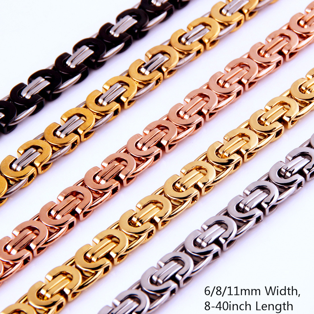 6/8/11mm Fashion Stainless Steel Byzantine Flat Chain Mens Womens Necklace 8-40″