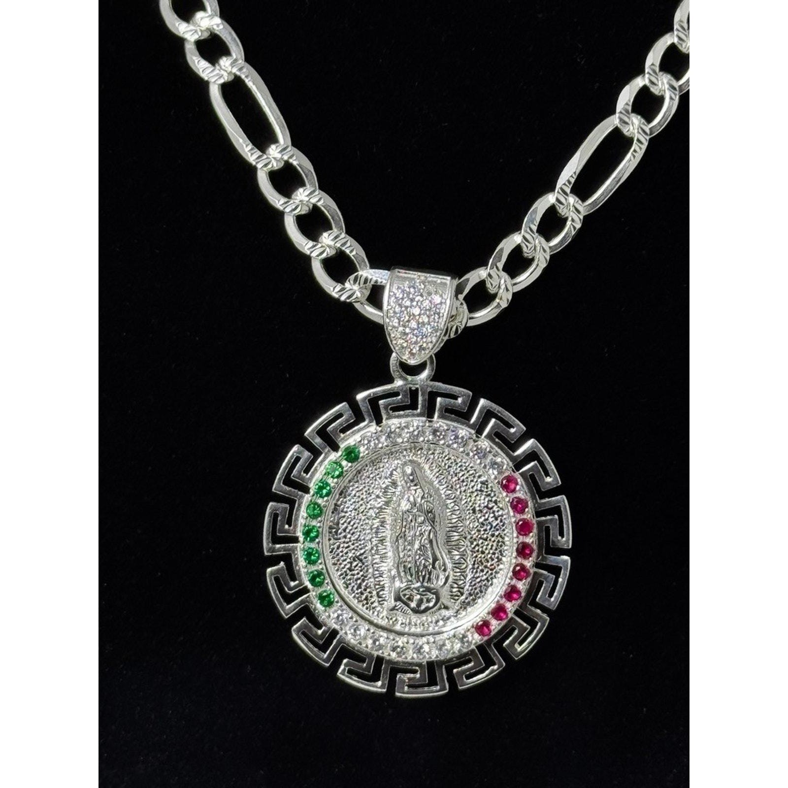925 Sterling Silver Virgin Mary Pendant Necklace 27 Inch Figaro Chain Italy