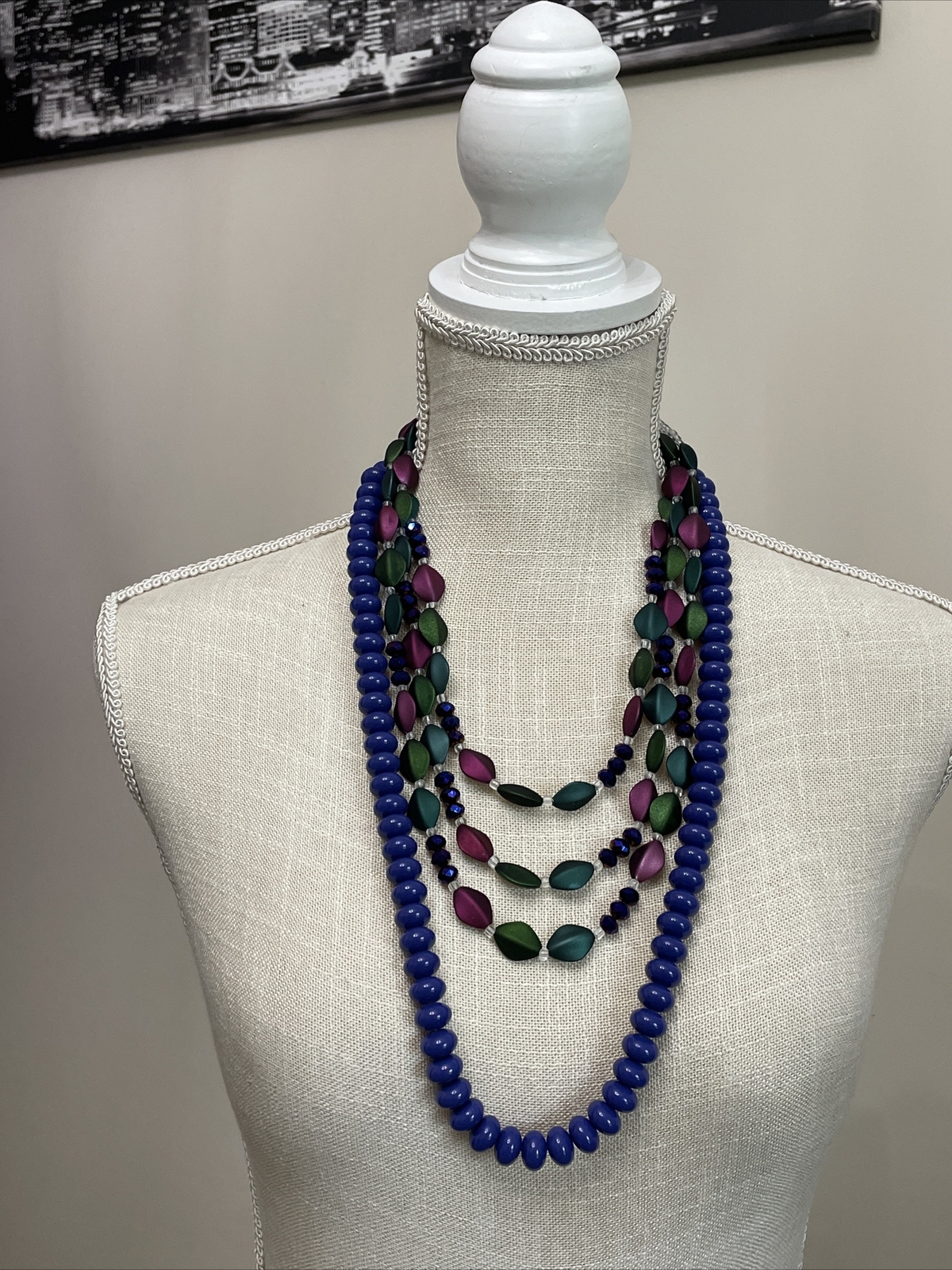 Lot Vintage Bead Necklaces Blue Purple Strands 18” – 28” Peacock Brilliance