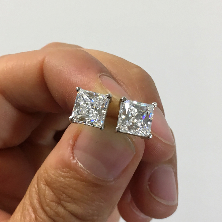 6ct. Princess White Diamond Stud Earrings Brilliant Cut Man Made 14K Solid Gold