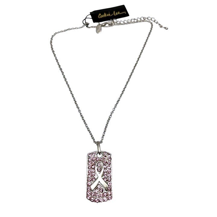 Breast Cancer Awareness Dog Tag Necklace Pink Rhinestone Ribbon Bling Sparkly