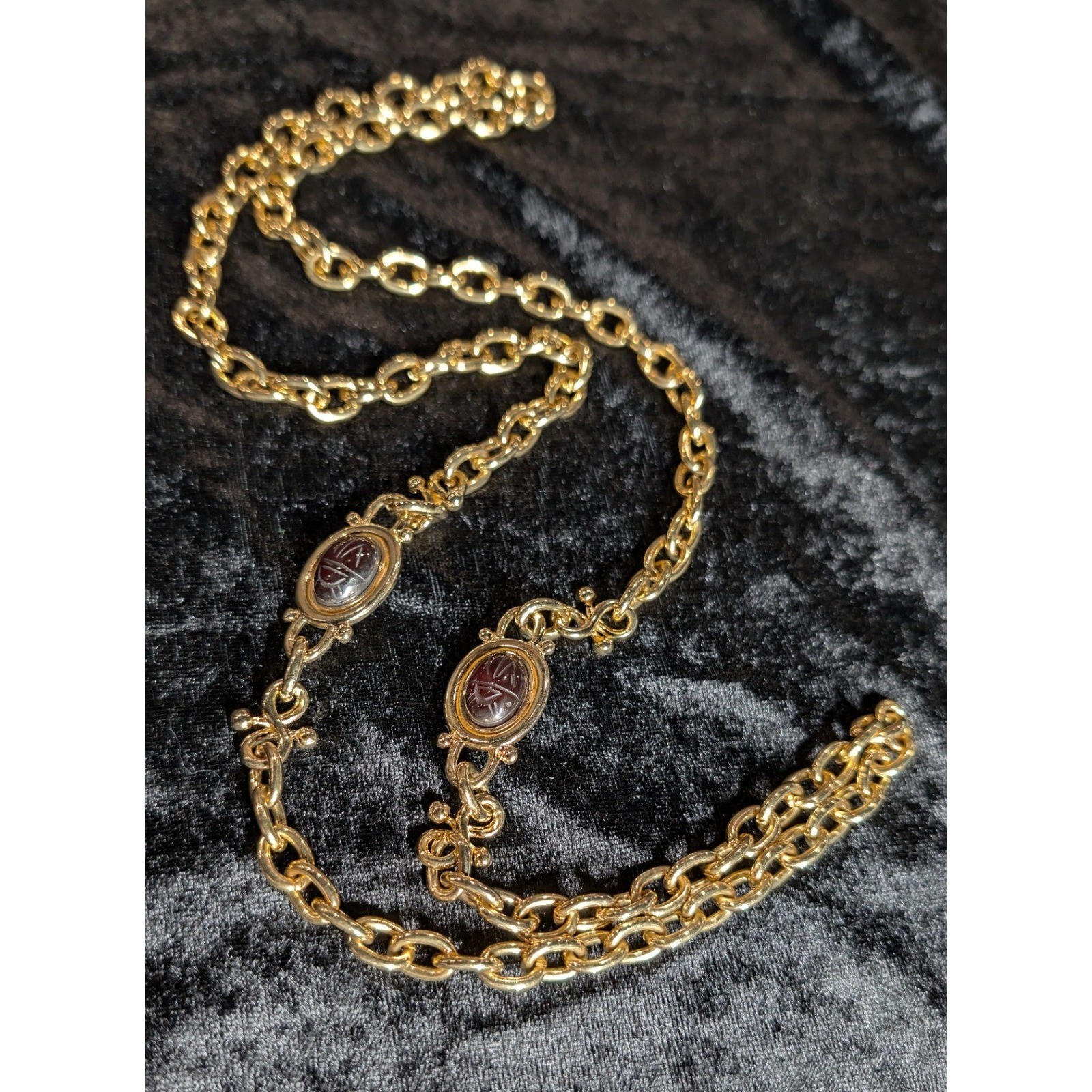 Vintage Gold Tone Reversible Scarab Beetle Long Chain Necklace Blue Red 34 Inch