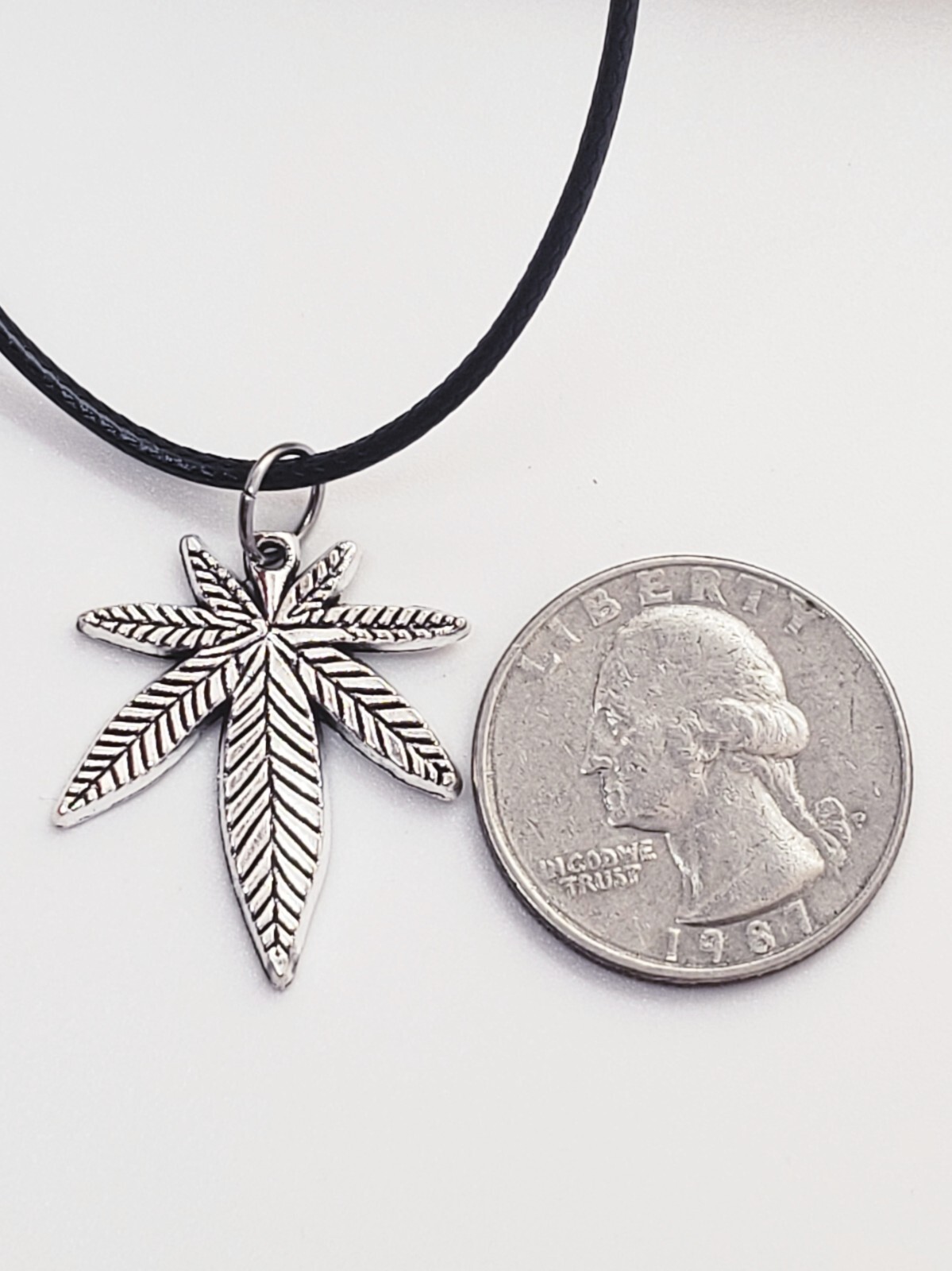 Marijuana Necklace Silver Cannabis Weed Marijuana Leaf Pendant on Black Cord