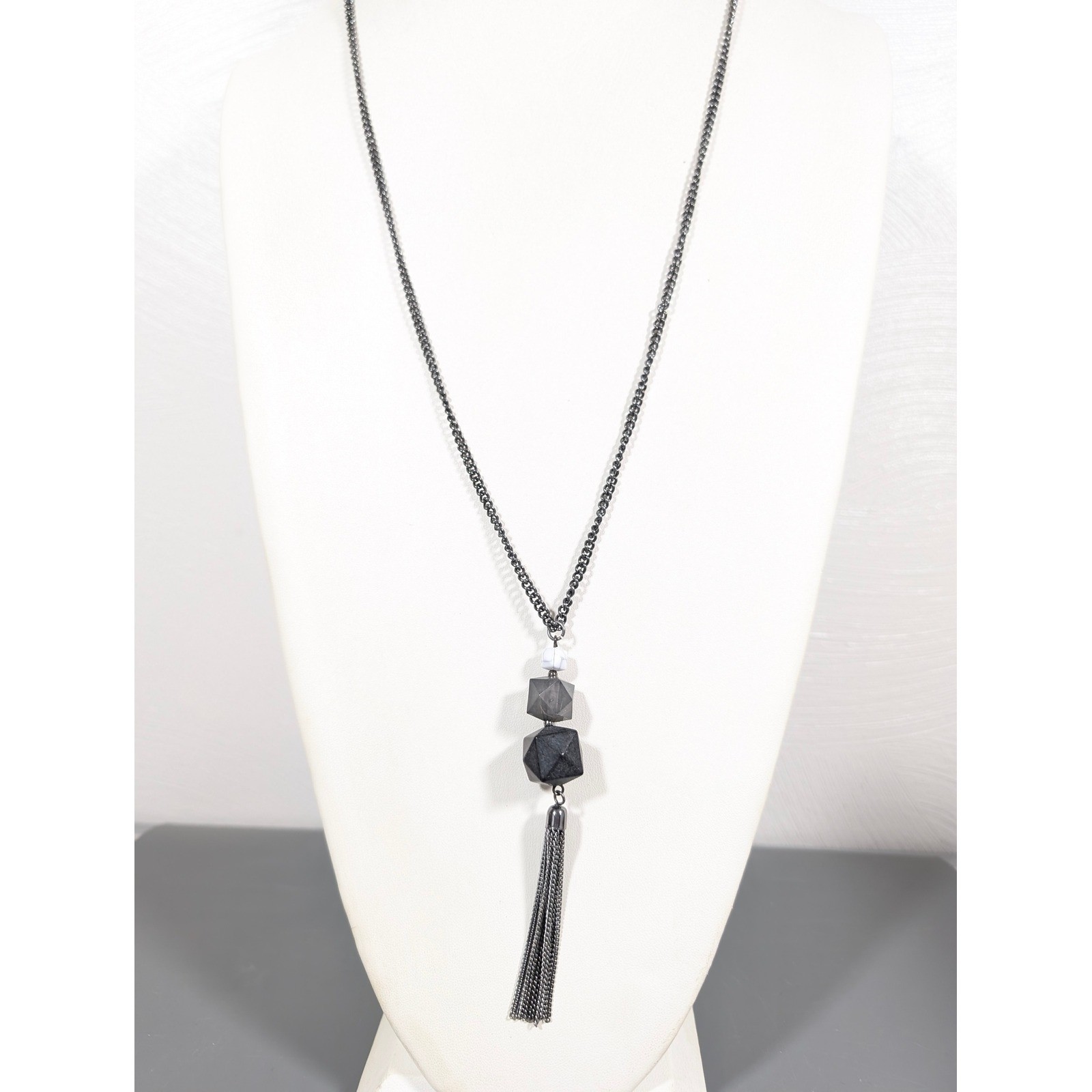 Long Gray Beaded Necklace Tassel Pendant Metallic Acrylic 32″ Layering Statement