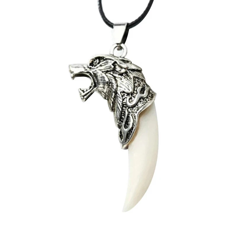 White Wolf Tooth Pendant Necklace Rope Chain Animal Amulet Jewelry