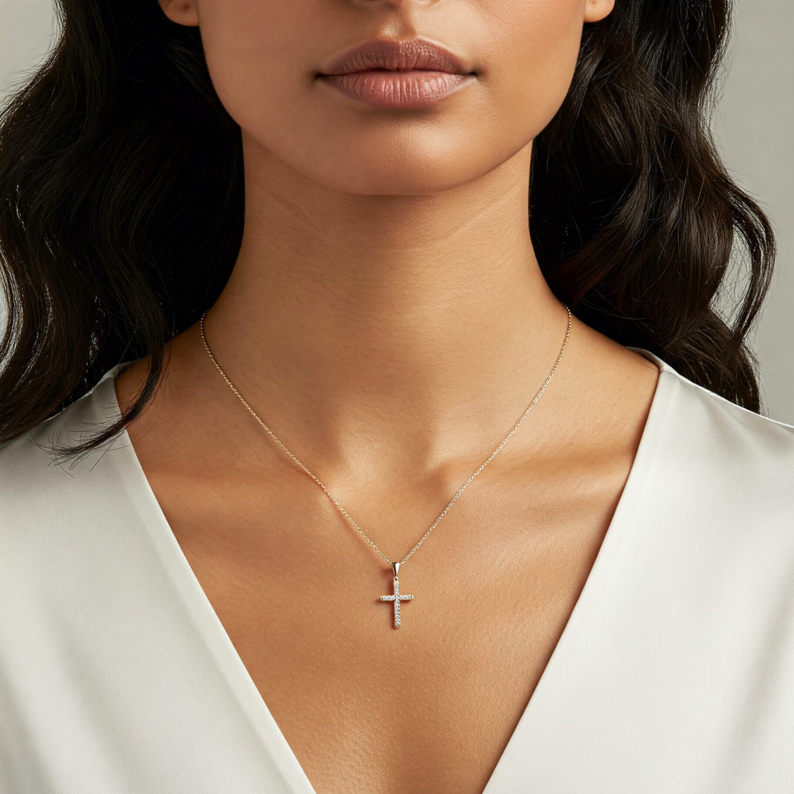 14K Real Solid Yellow Gold Dainty Cross Christian CZ Pendant Charm Necklace 18in