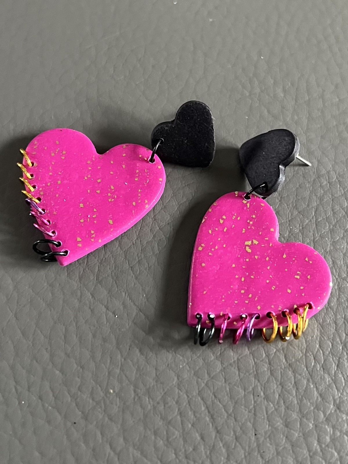 Magenta & Black Heart Earrings – Rock Style Handmade Polymer Clay Earrings