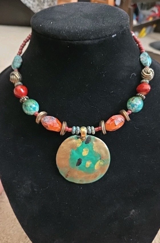 Artisan Pendant Necklace Multicolor Boho Enamel Metal Medallion Statement