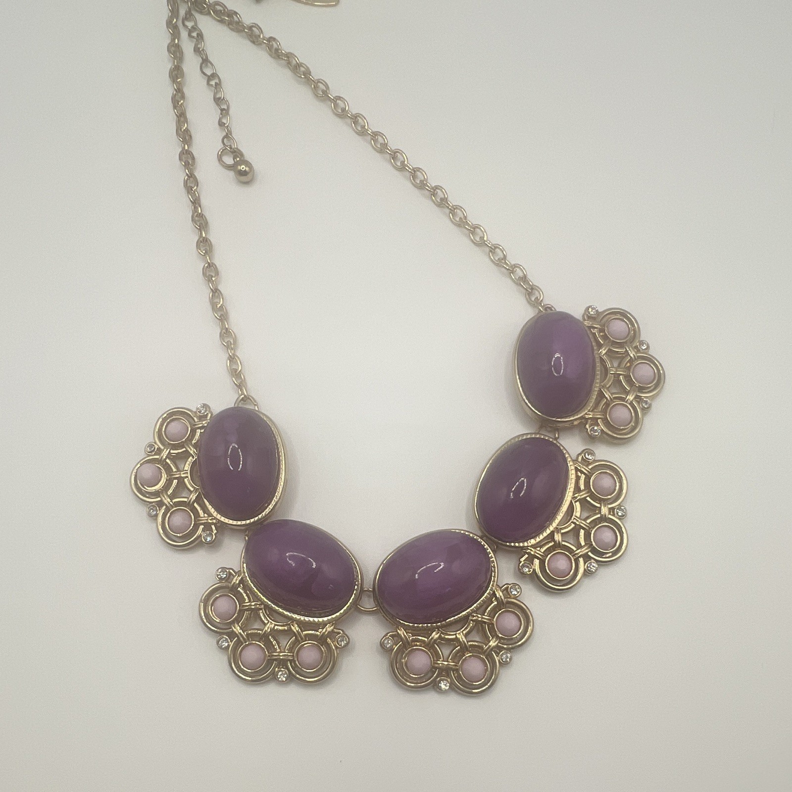 Signed New York & Company Purple Collar Bib Necklace; Gold Tone Setting
