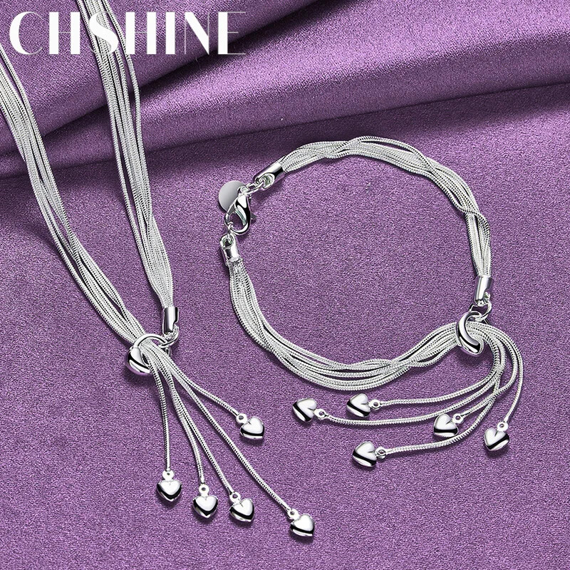 CHSHINE 925 Sterling Silver Five Snake Chain Heart Bracelet Necklace Jewelry Set