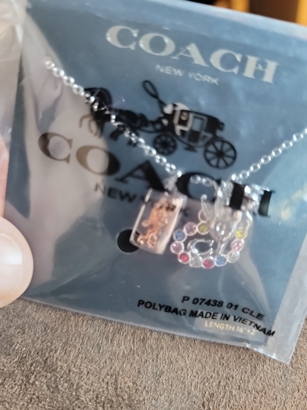 Coach Necklace with Heart Bunny & Hang Charm Silver Tone