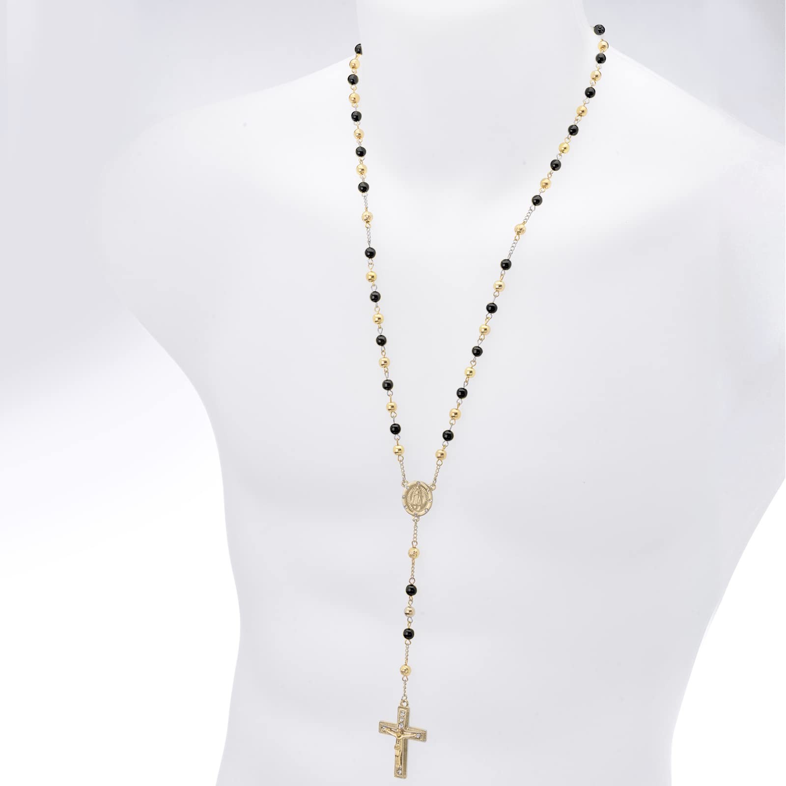 metaltree98 Rosary 6 mm Black Bead 27 Inch + 5 inch extension, Gold