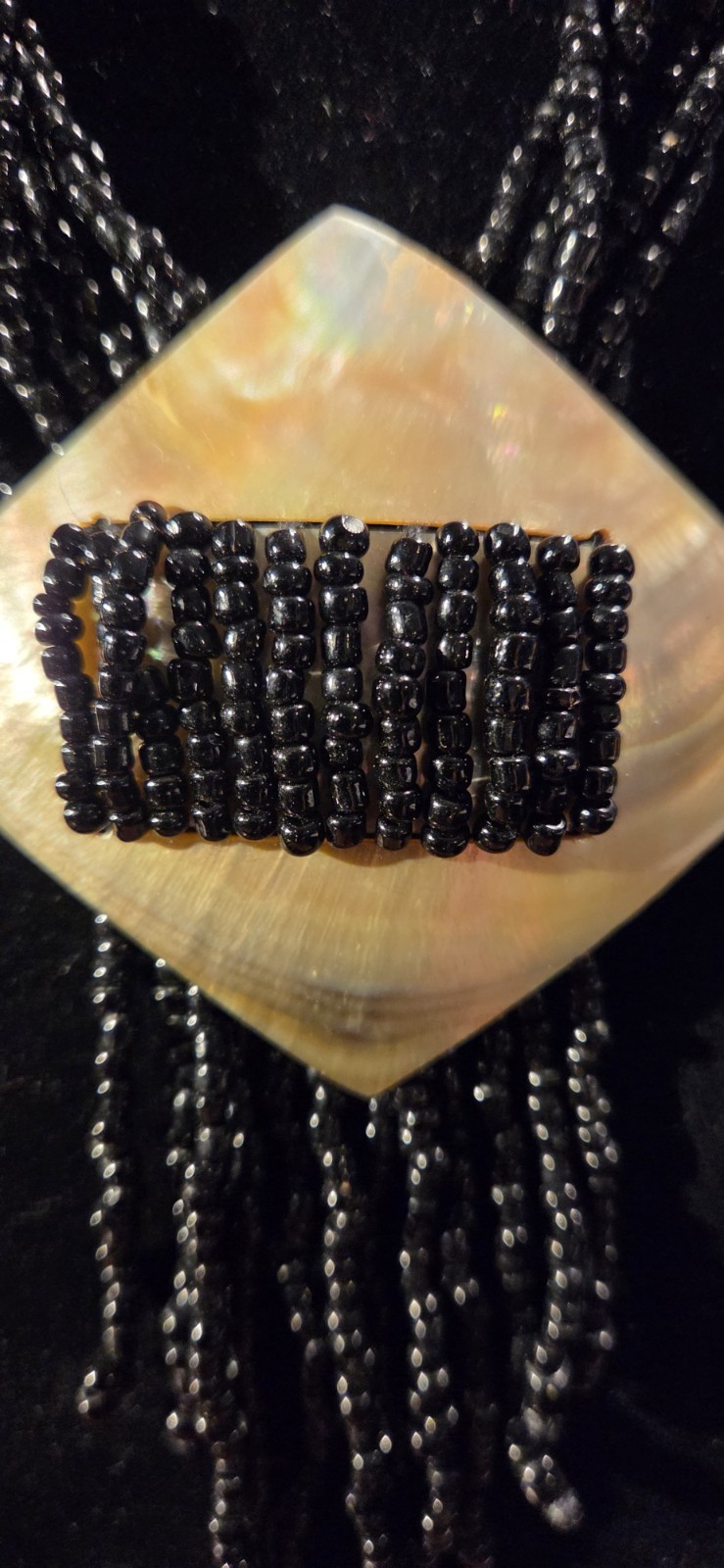 Vintage Multi Strand Black Seed Bead Boho MOP Necklace featuring large pendant