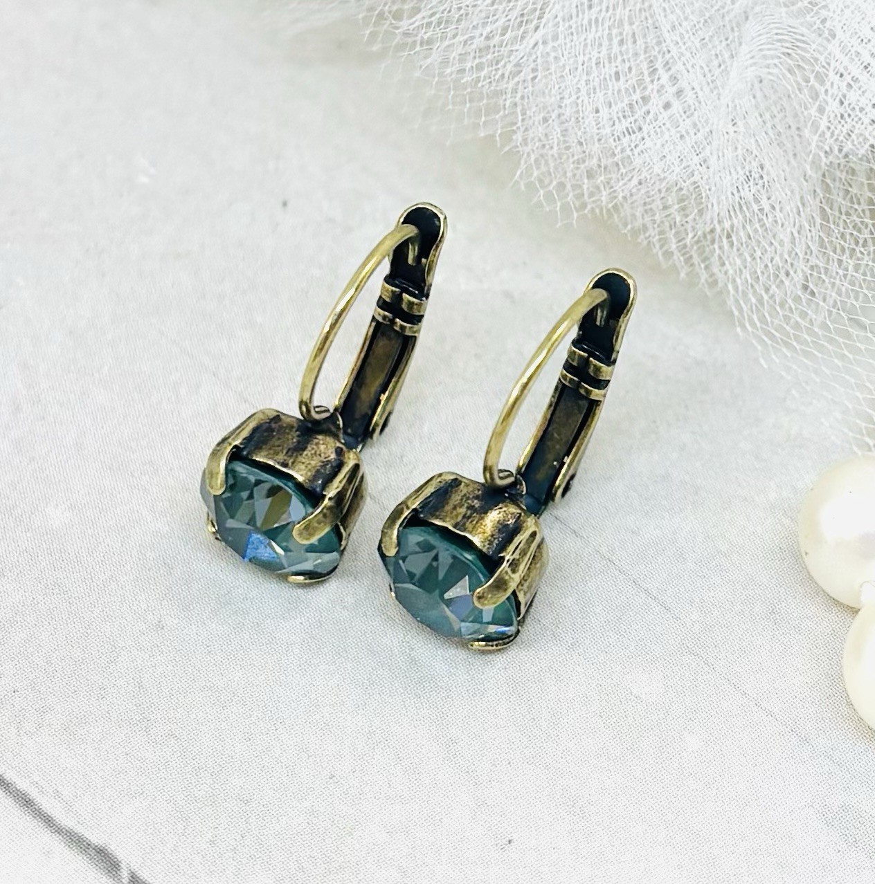 8mm Antique Brass Plated Pine Green Ignite Crystal Cup Chain Earrings