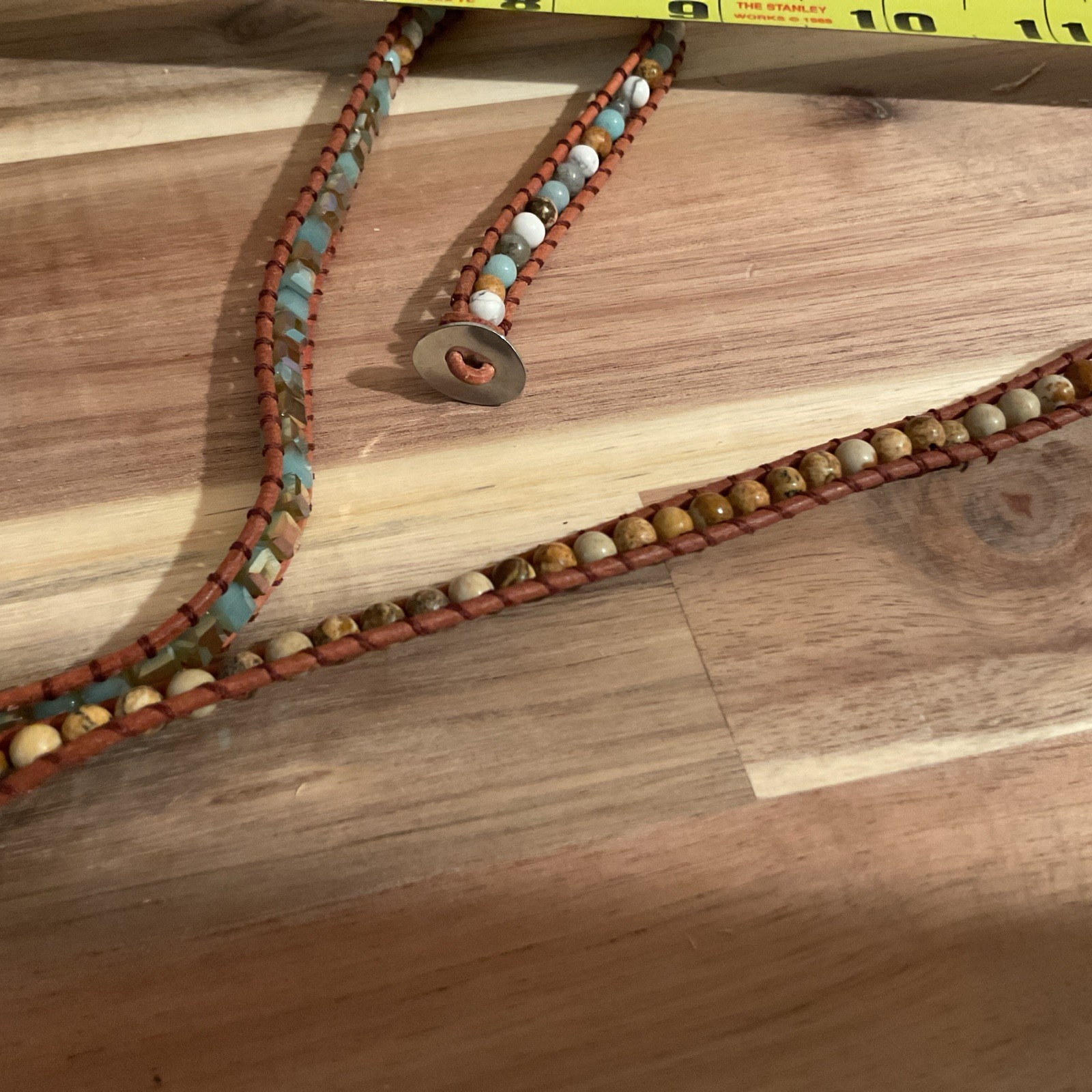 Blue Turquoise Color Stone Gold Edges Leather Beaded Necklace 17 Inches Long