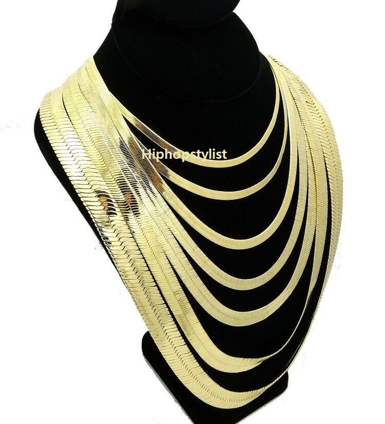 Men Herringbone Chain 4mm to 14mm 8″ 18″ 20″ 24″ 30″ Necklace 14K Gold Plated.