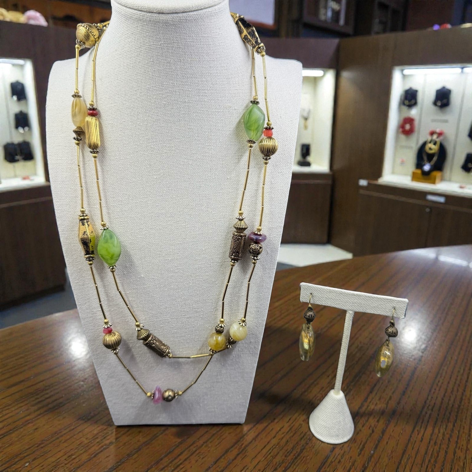 Vintage Boho Art To Wear Beaded Necklace Set Festival Earthy Maximalist Gold