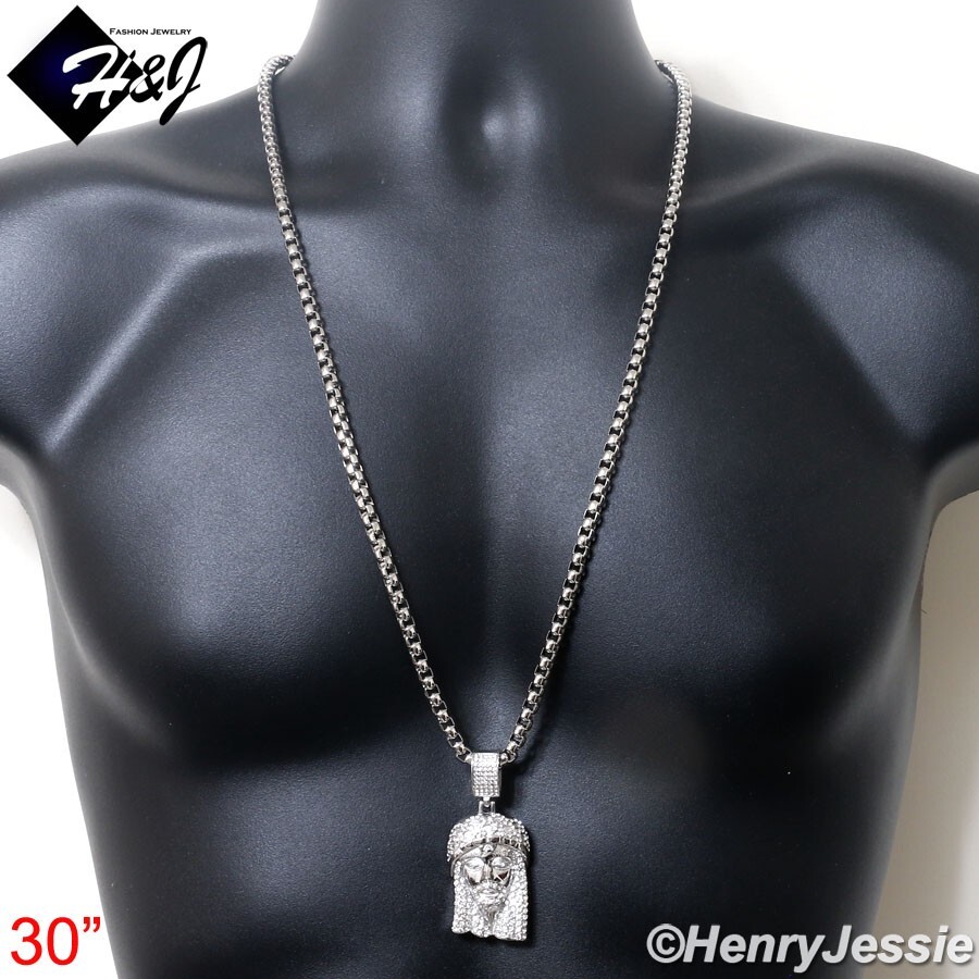30″MEN Stainless Steel 5mm Silver Box Link Necklace ICY CZ Jesus Pendant*IP150