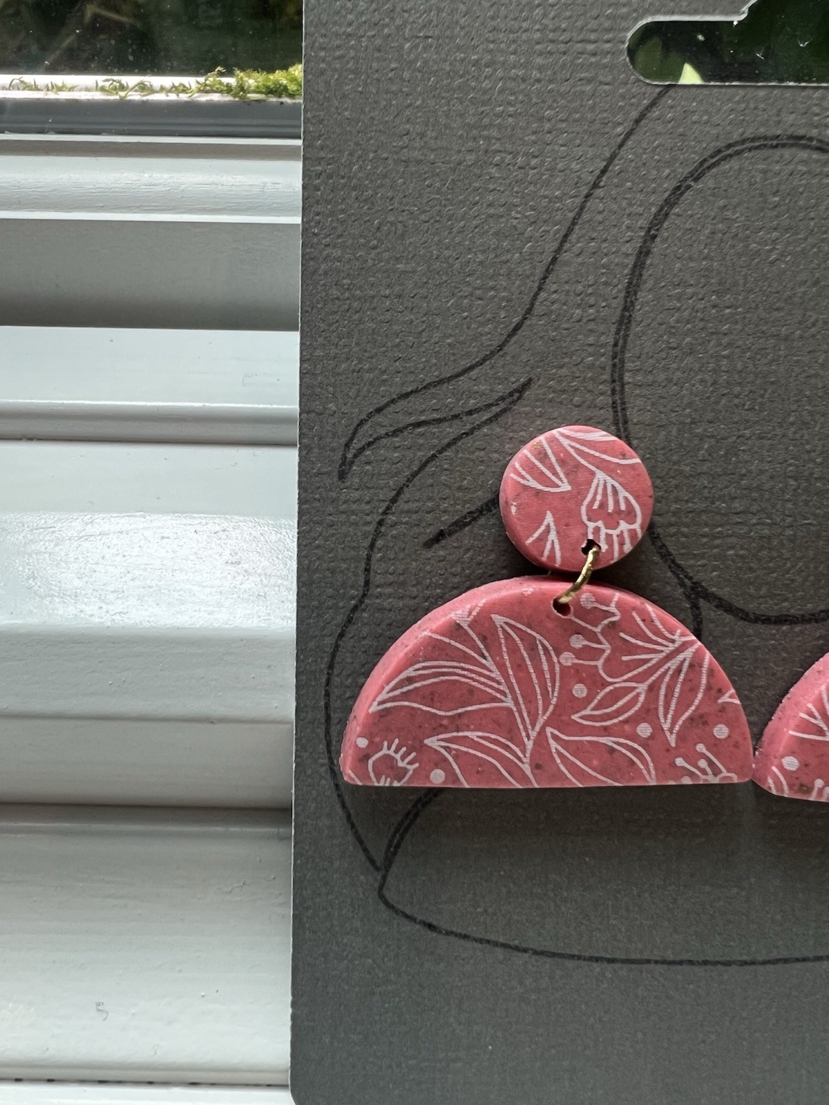 Clay Pink Floral Half Circle Dangle/Drop Stud Earrings 2 Pairs No Stone