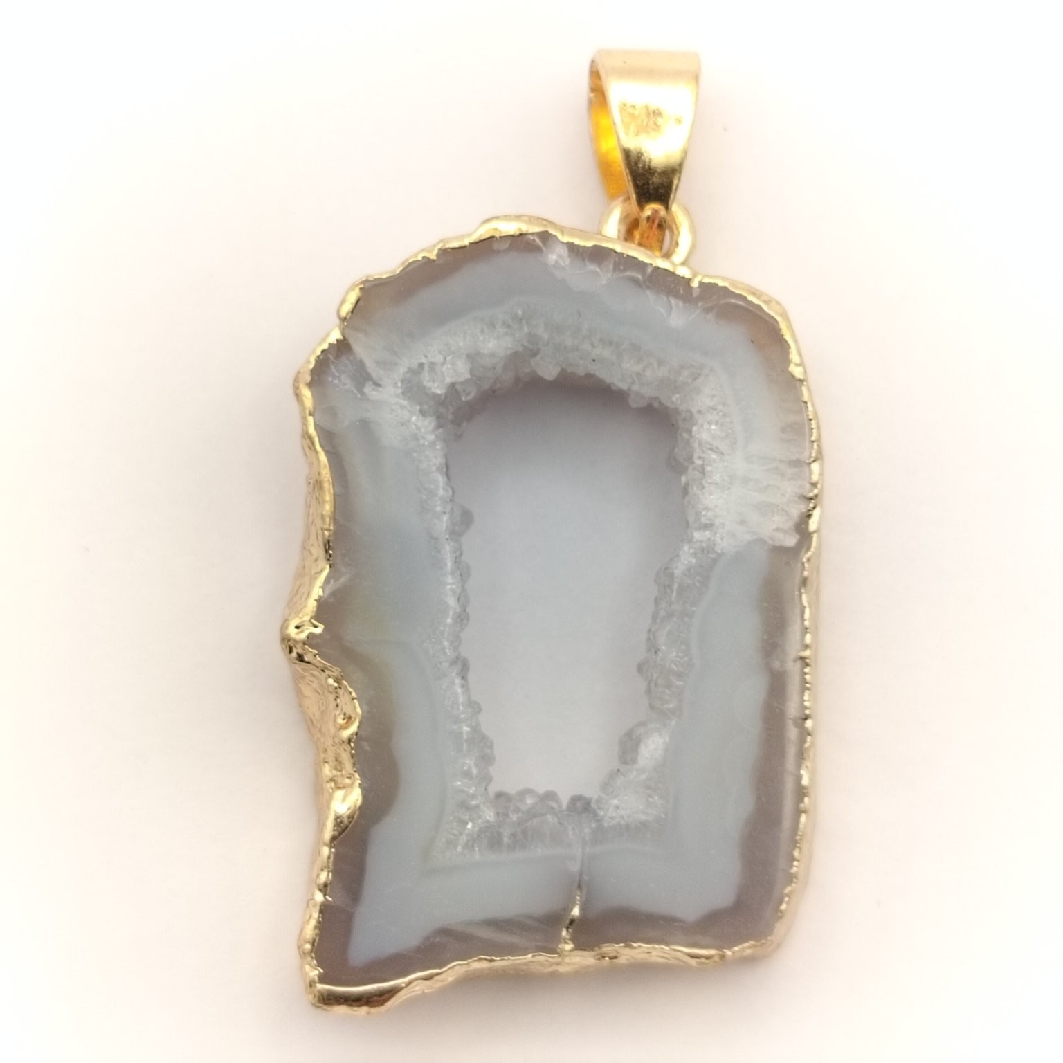 Natural Grey Agate Geode Slice Pendant Gold Electroplated Drusy Crystal Necklace