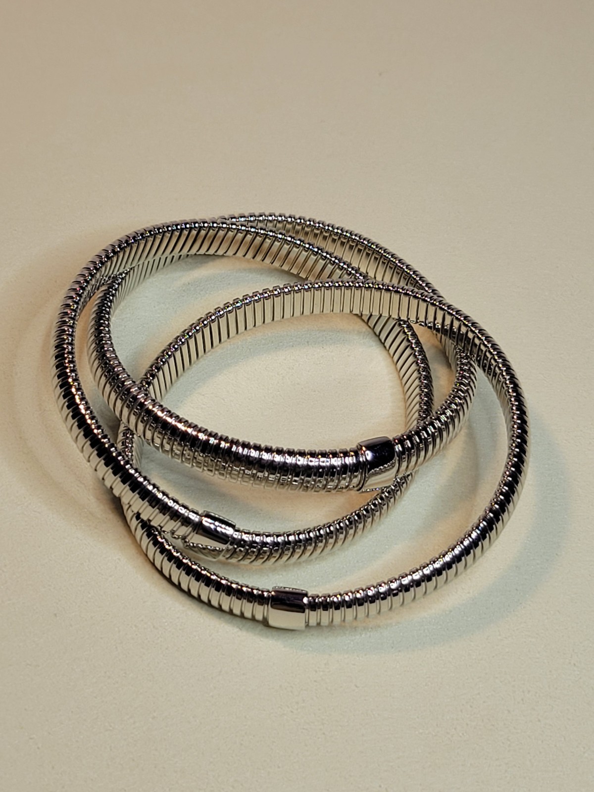David Markstein Silvertone Three Strand Slip On Tubogas 8″ Stretch Bracelet