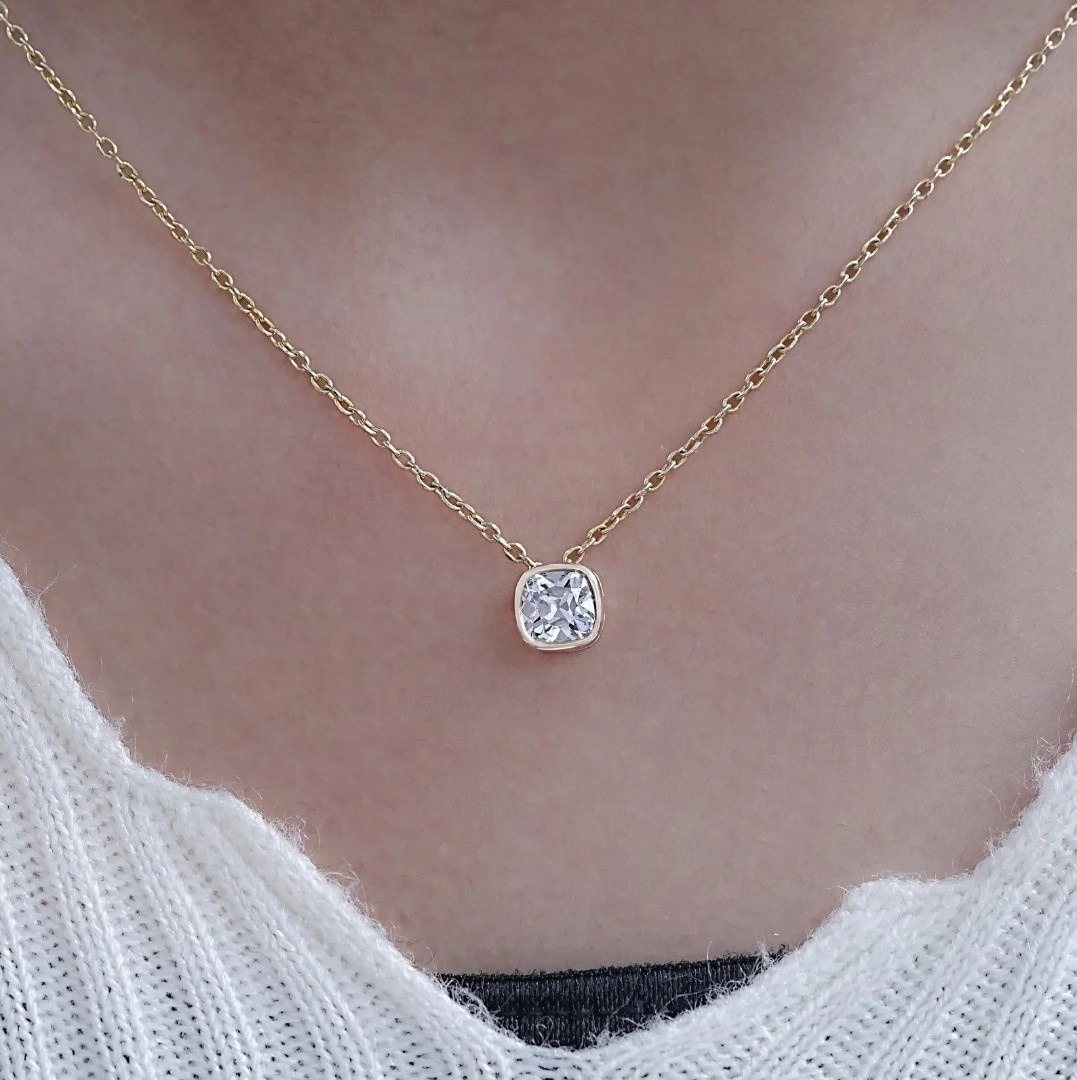 3.00 Ct Cushion EF VS Lab Grown Diamond Solitaire Bezel Necklace 14K Yellow Gold