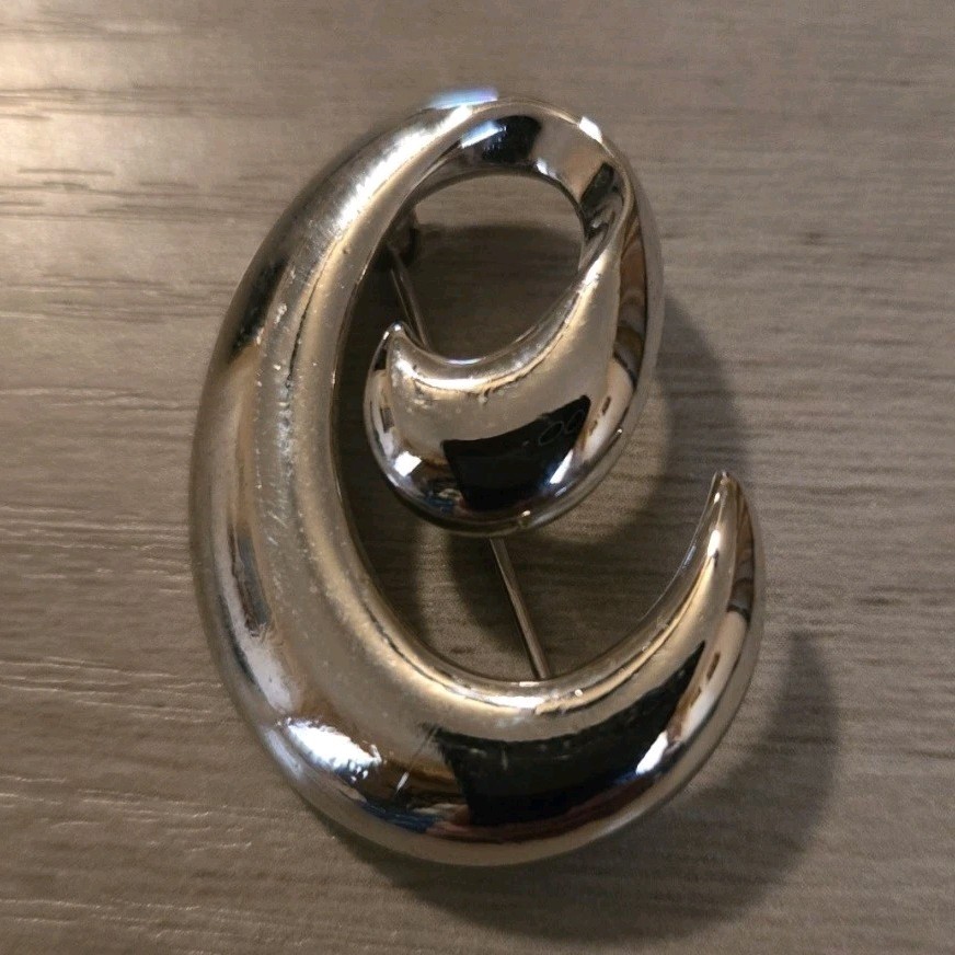 Monet Silver Tone Metal Swirl Brooch Pin, Signed, No Main/Secondary Stones
