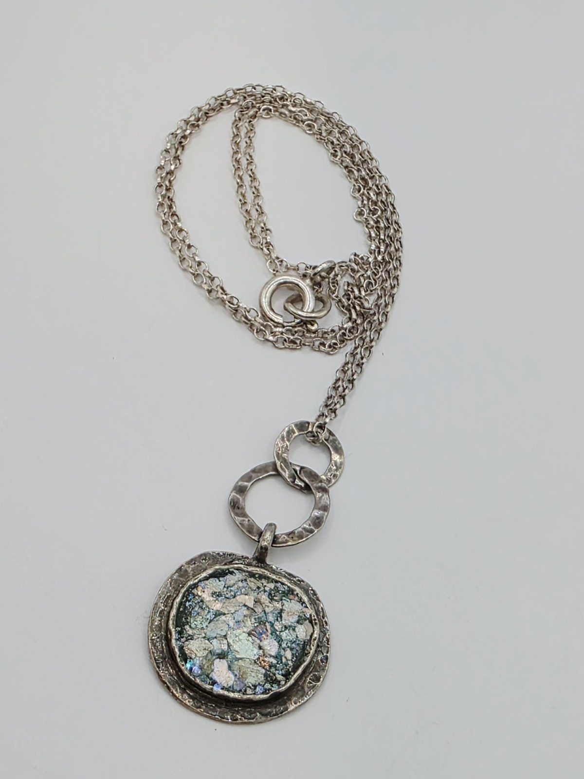 Sterling Silver ASCOPA 925 Pendant Necklace With Iridescent Roman Glass