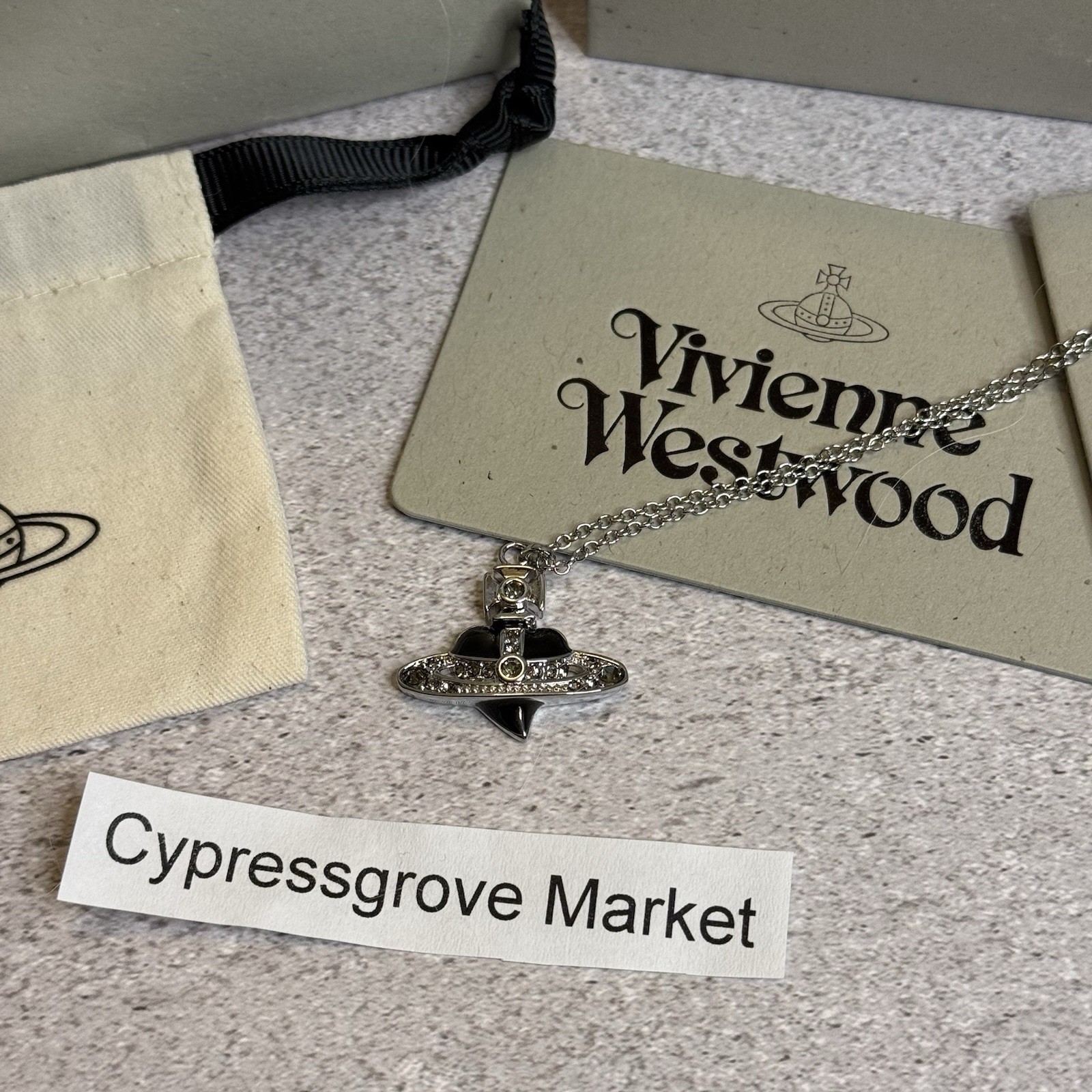 Used Vivienne Westwood Necklace Black Diamante Heart WITH PACKAGING