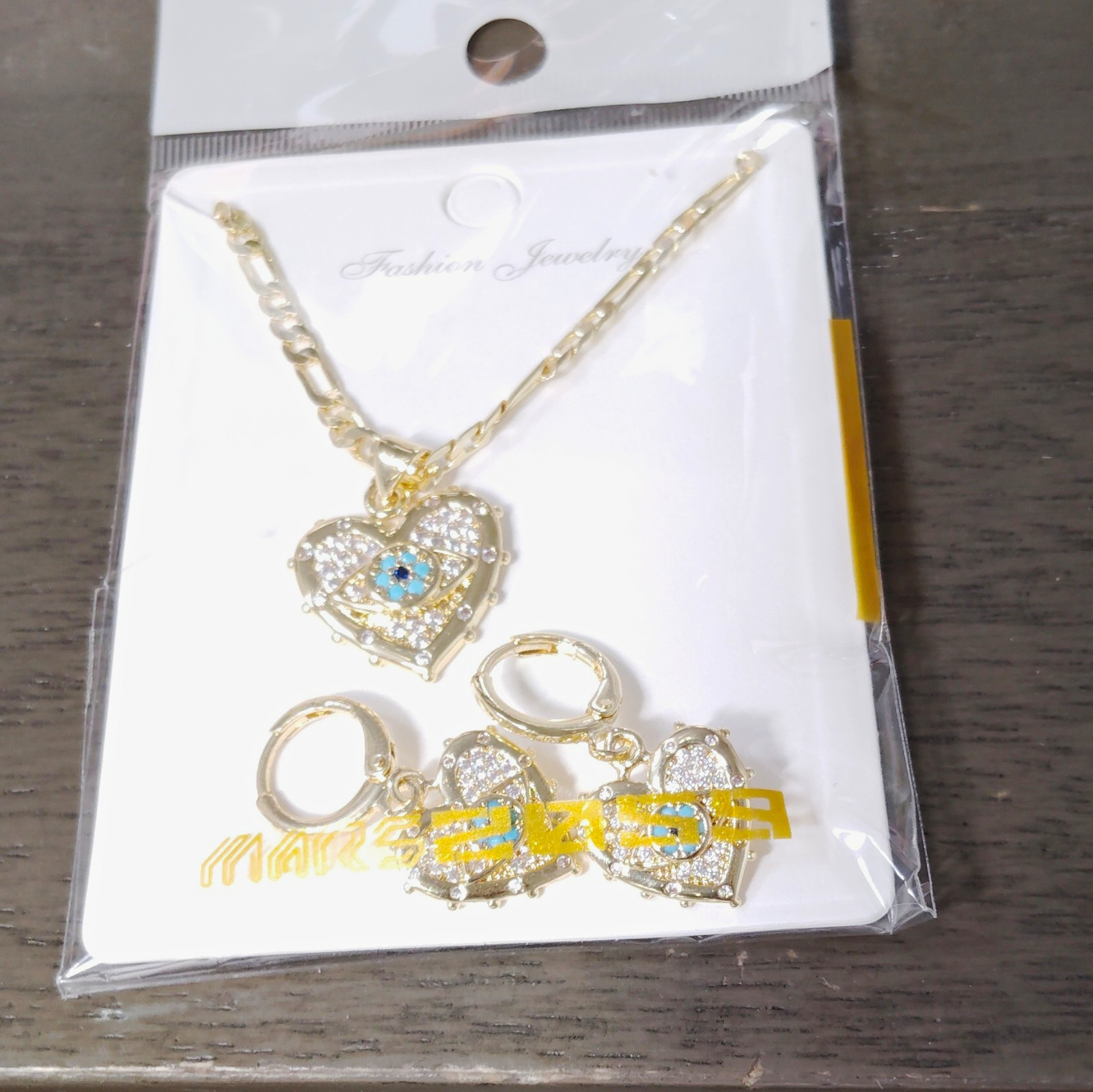 Gold Tone Heart Evil Eye Cubic Zirconia Necklace & Earrings Set Clear Blue