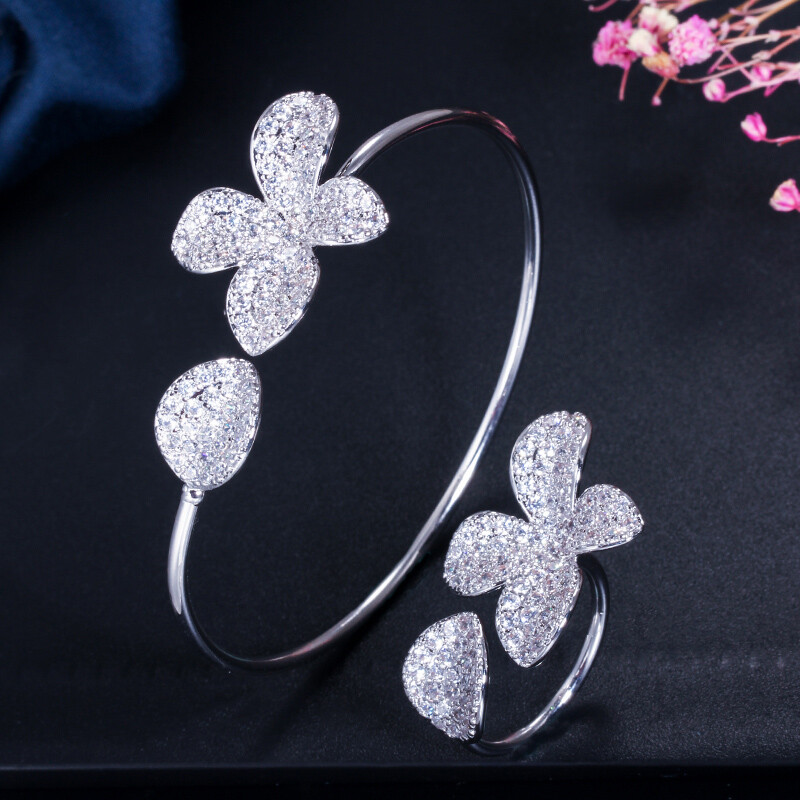 Rose Gold Plated Flower Cuff Bangle Bracelet and Ring Women CZ Party Jewelry Set