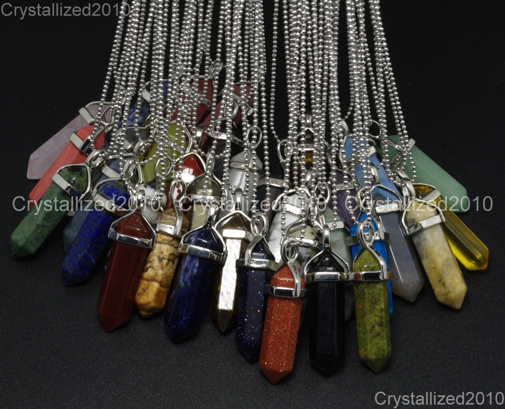 Natural Gemstones Hexagonal Pointed Reiki Chakra Pendant Necklace 18K Silver