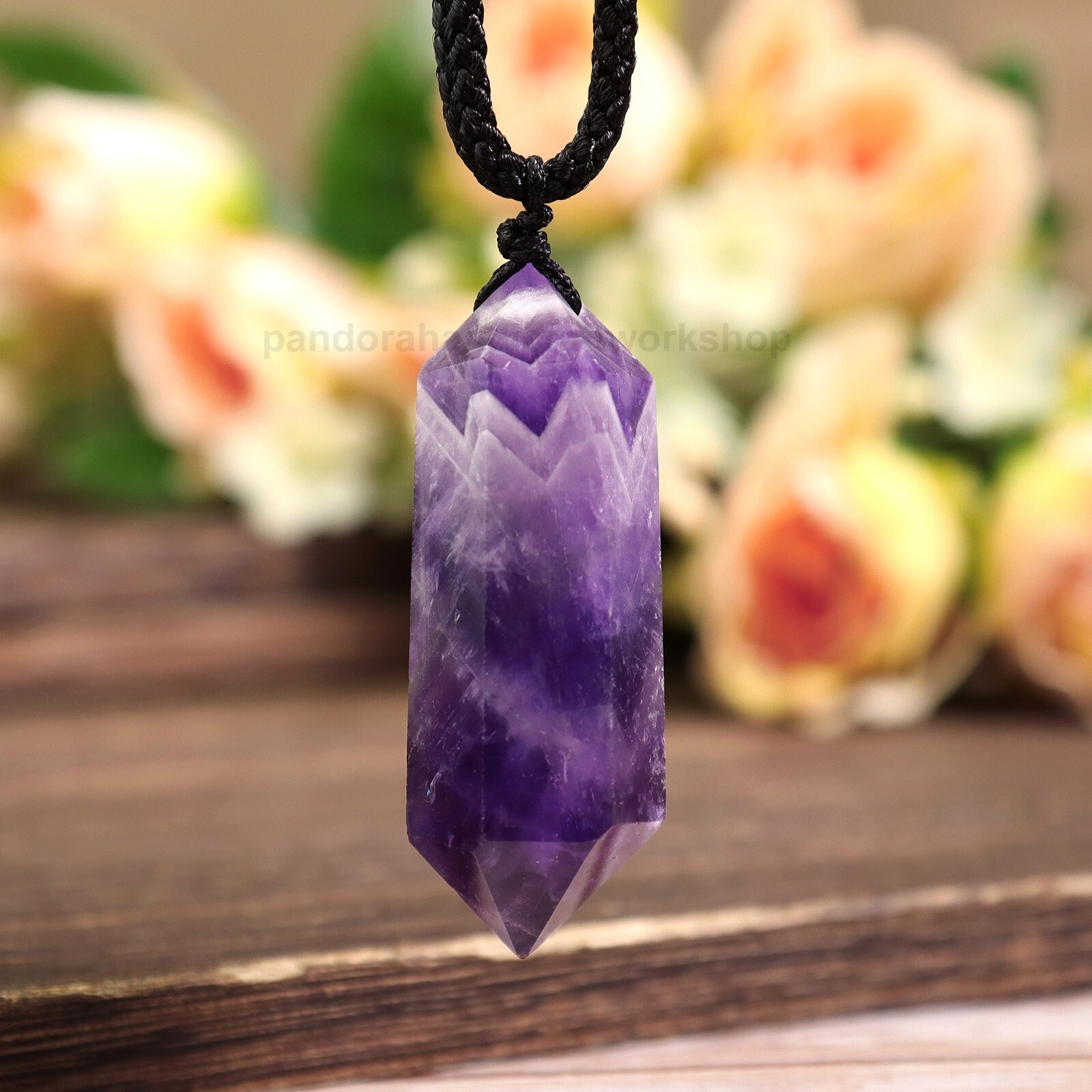 Chevron Amethyst Double Point Pendant Necklace Healing Protection Crystal Gifts