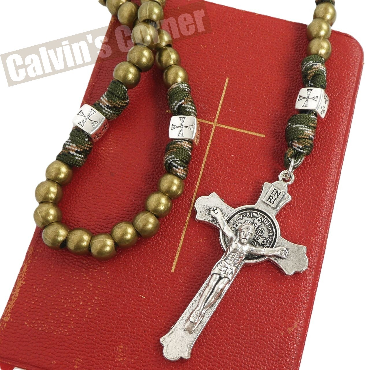 St Benedict Paracord Rosary Necklace Army Green Metal Bead Crucifix Cross 20″